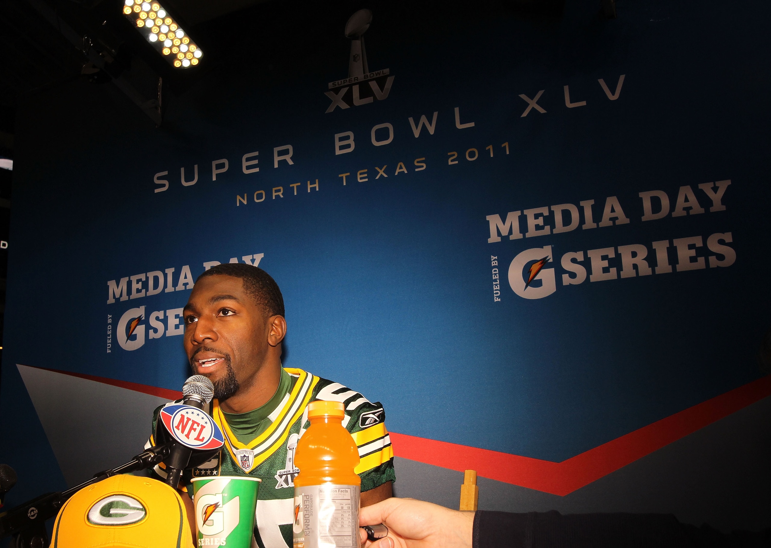 ARLINGTON, TX - FEBRUARY 01:  Greg Jennings #85 of the Green Bay Packers addresses the media during Super Bowl XLV Media Day ahead of Super Bowl XLV at Cowboys Stadium on February 1, 2011 in Arlington, Texas. The Pittsburgh Steelers will play the Green Ba