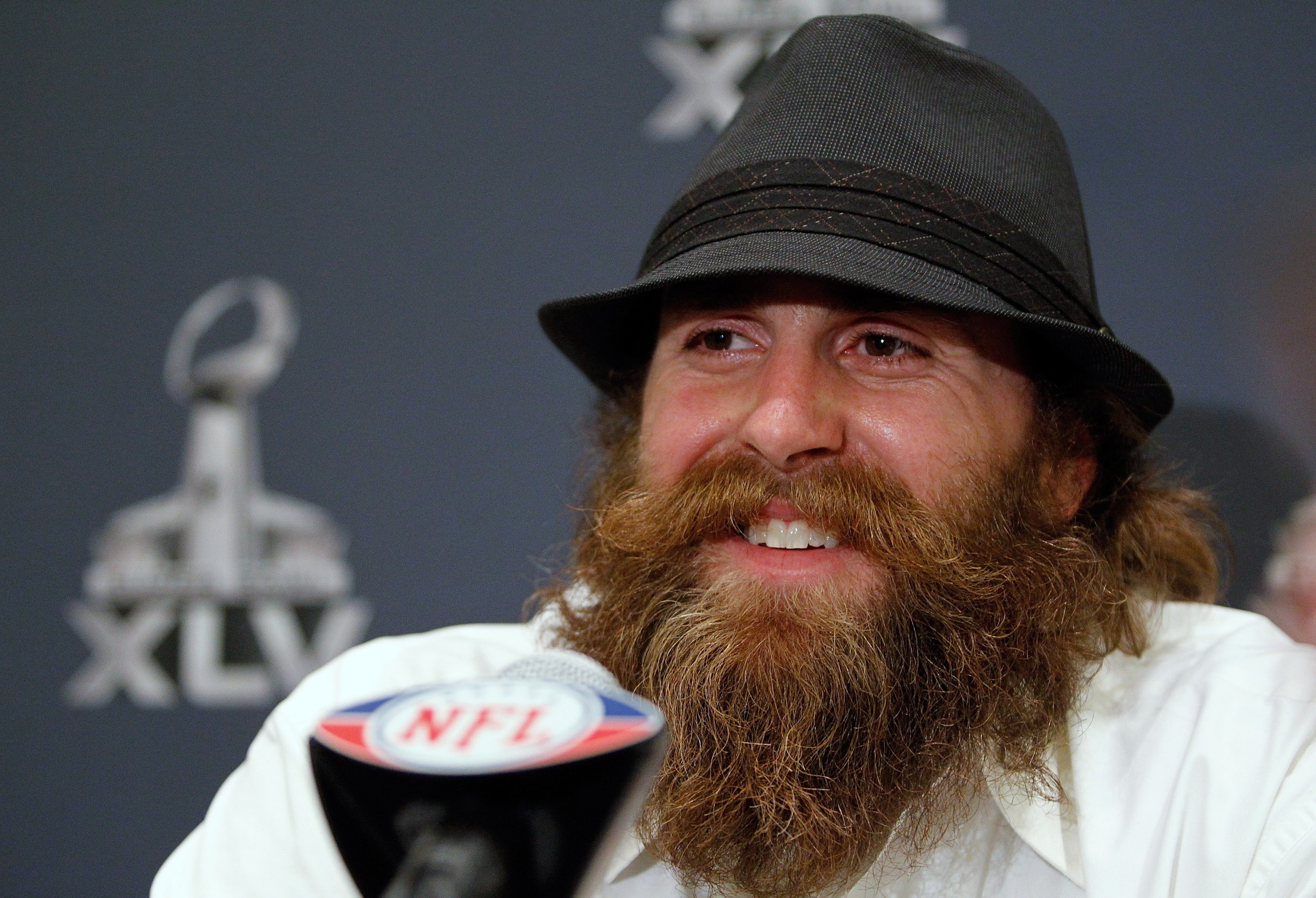 FORT WORTH, TX - JANUARY 31: Defensive end Brett Keisel #99 of the Pittsburgh Steelers talks with the media at the Omni Fort Worth Hotel on January 31, 2011 in Fort Worth, Texas. The Pittsburgh Steelers will play the Green Bay Packers in Super Bowl XLV on