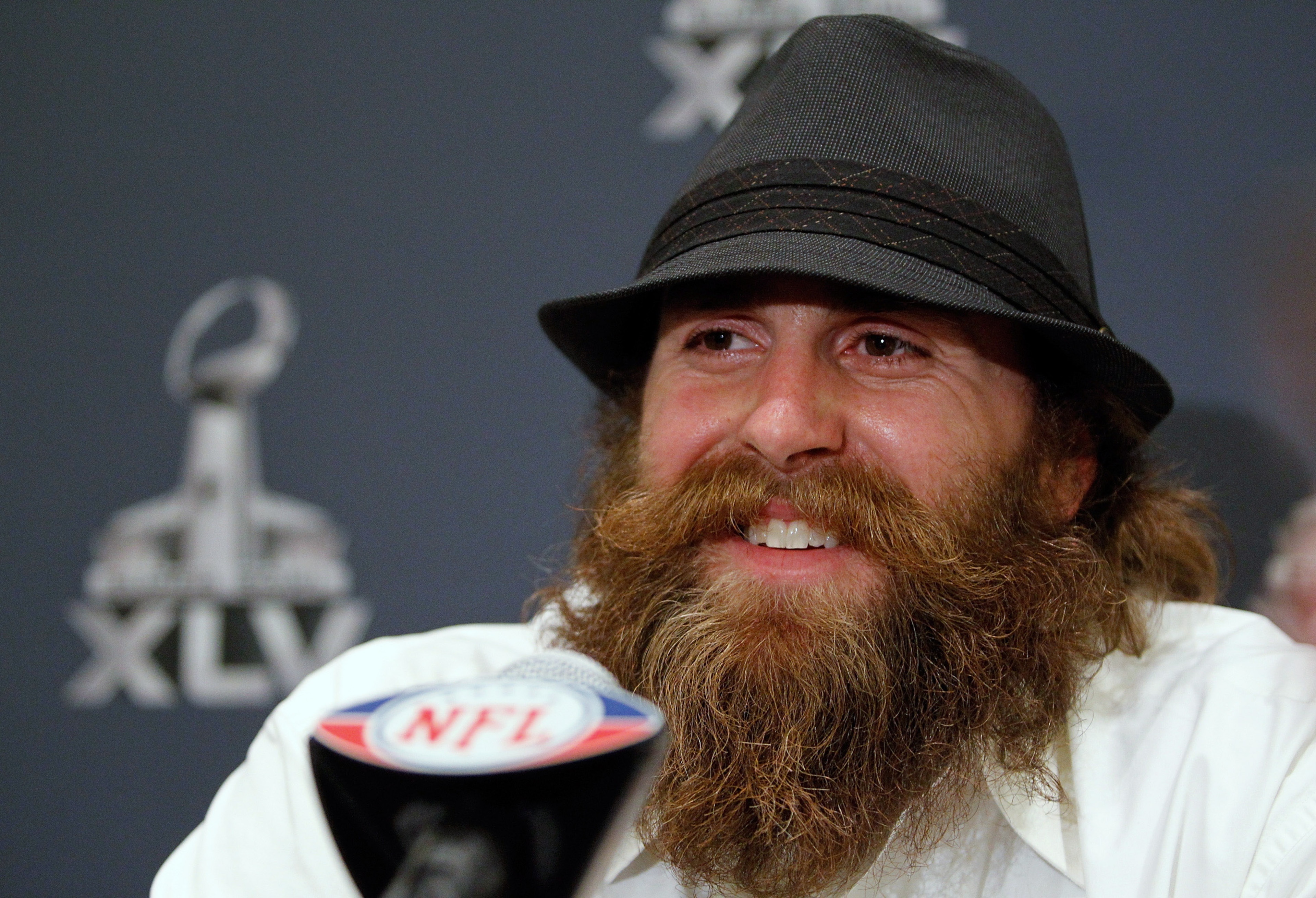 FORT WORTH, TX - JANUARY 31: Defensive end Brett Keisel #99 of the Pittsburgh Steelers talks with the media at the Omni Fort Worth Hotel on January 31, 2011 in Fort Worth, Texas. The Pittsburgh Steelers will play the Green Bay Packers in Super Bowl XLV on