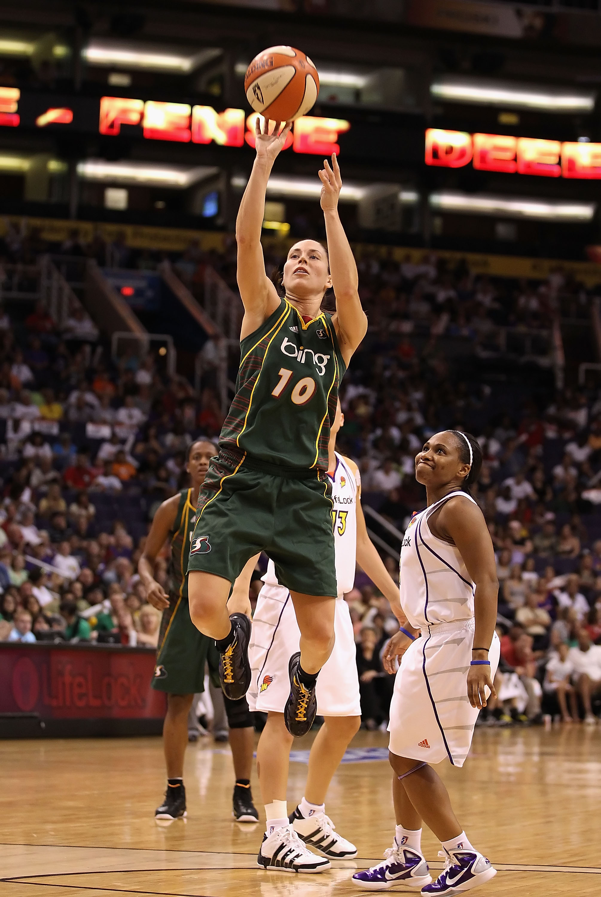 PHOENIX - SEPTEMBER 05:  Sue Bird #10 of the Seattle Storm puts up a shot against the Phoenix Mercury in Game Two of the Western Conference Finals during the 2010 WNBA Playoffs at US Airways Center on September 5, 2010 in Phoenix, Arizona.  NOTE TO USER: