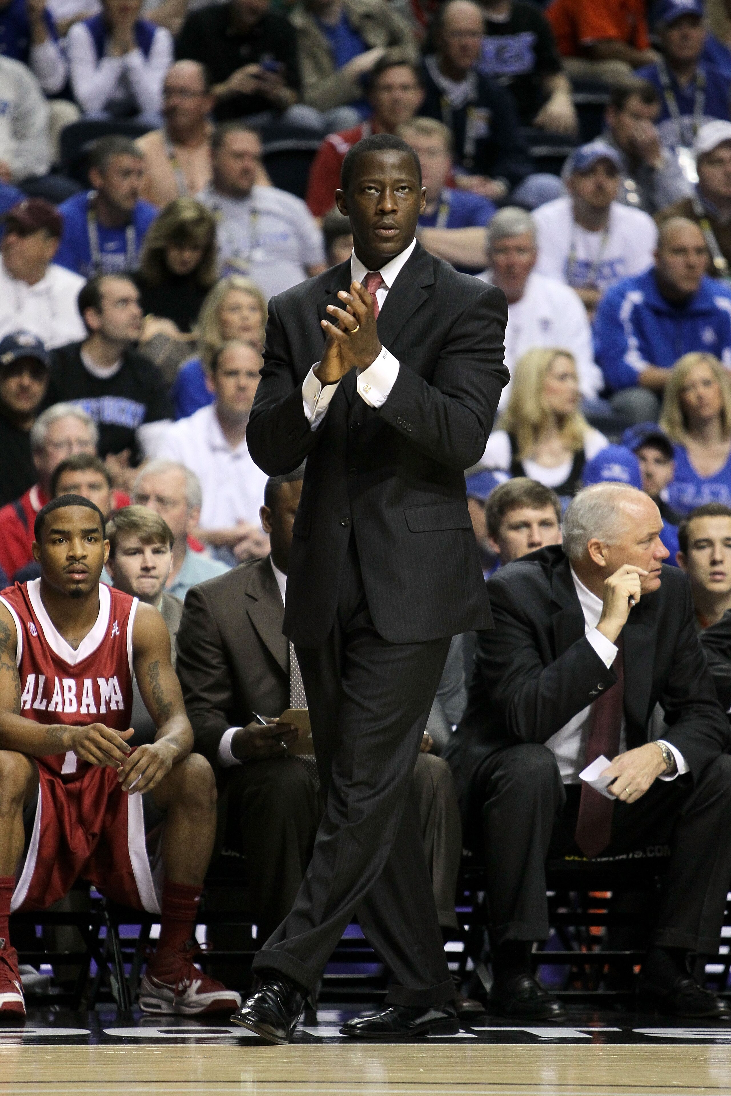 NASHVILLE, TN - MARCH 12:  Head coach Anthony Grant of the Alabama Crimson Tide looks on as he coaches against the Kentucky Wildcats during the quarterfinals of the SEC Men's Basketball Tournament at the Bridgestone Arena on March 12, 2010 in Nashville, T