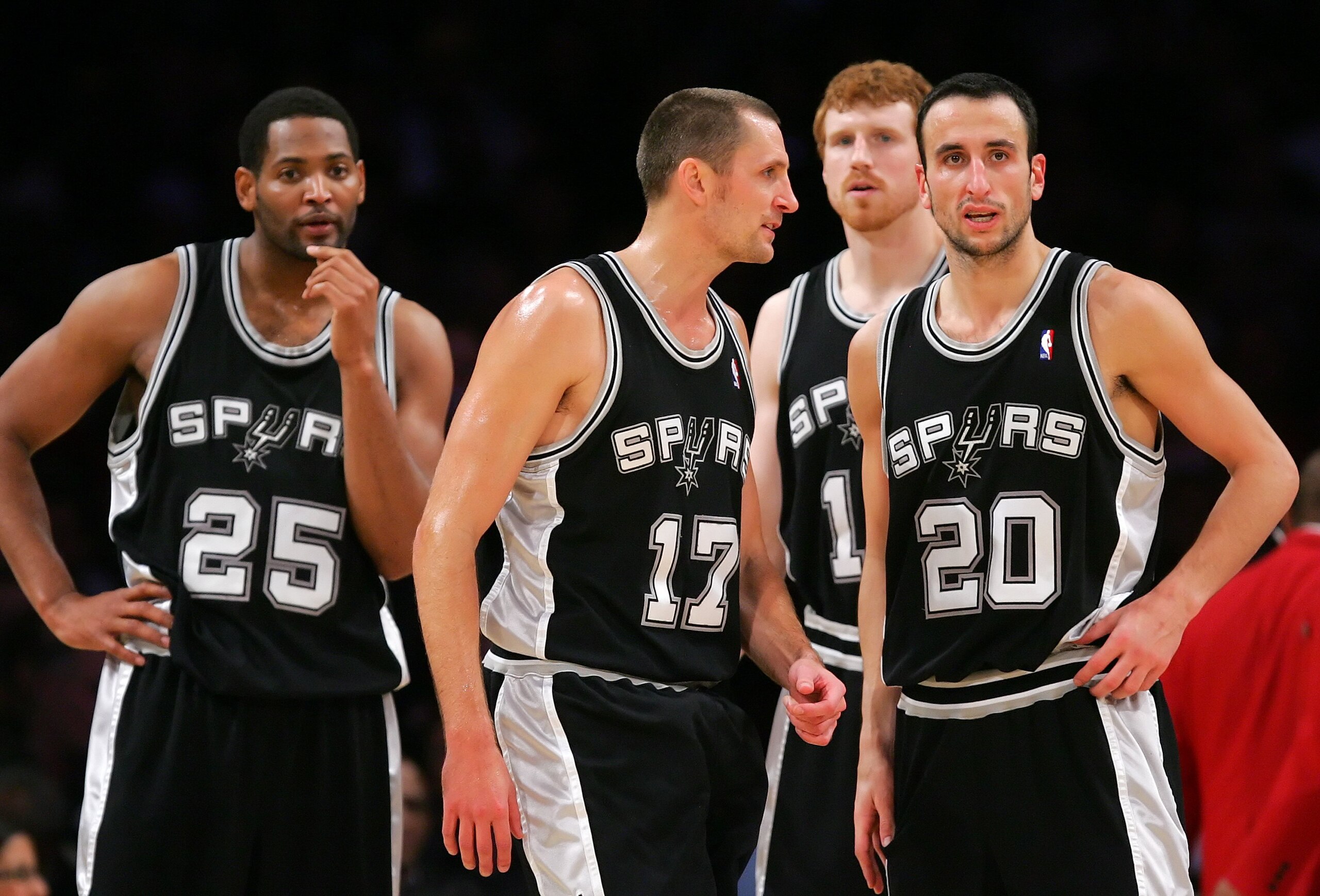 LOS ANGELES, CA - DECEMBER 13: (L-R)Brent Barry #17 talks with teammate Manu Ginobili #20 of the San Antonio Spurs during the game against the Los Angeles Lakers at Staples Center on December 13, 2007 in Los Angeles, California. NOTE TO USER: User expr LOS ANGELES, CA - DECEMBER 13: (L-R)Brent Barry #17 talks with teammate Manu Ginobili #20 of the San Antonio Spurs during the game against the Los Angeles Lakers at Staples Center on December 13, 2007 in Los Angeles, California. NOTE TO USER: User expr