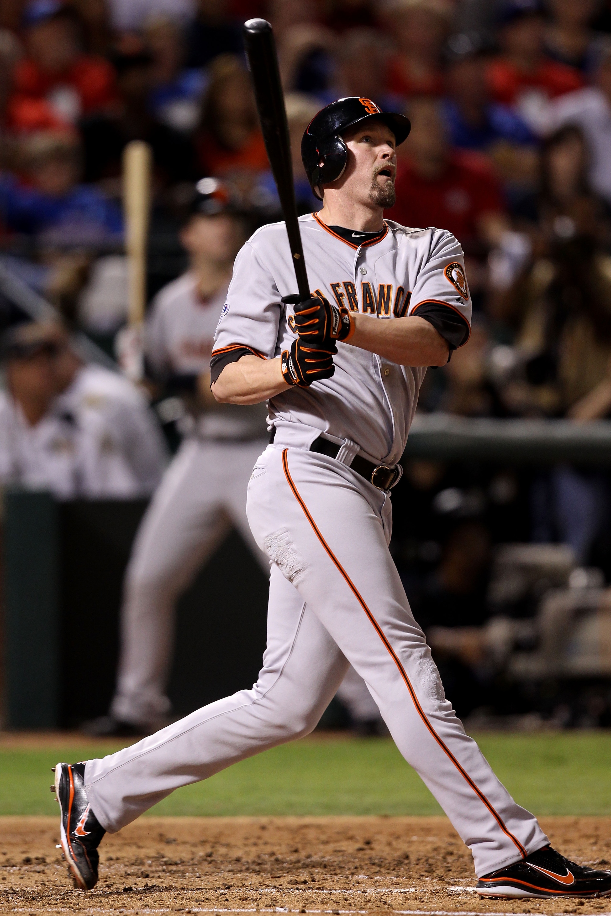 ARLINGTON, TX - OCTOBER 31:  Aubrey Huff #17 of the San Francisco Giants hits a 2-run home run in the top of the third inning against the Texas Rangers in Game Four of the 2010 MLB World Series at Rangers Ballpark in Arlington on October 31, 2010 in Arlin