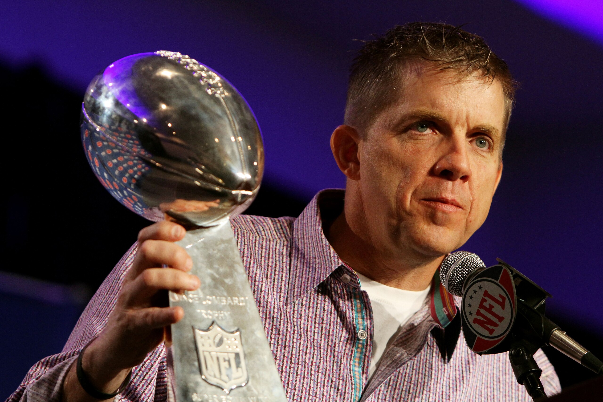 FORT LAUDERDALE, FL - FEBRUARY 08:  Head coach Sean Payton of the New Orleans Saints holds the Vince Lombardi Trophy during Super Bowl Champion Coach Press Conference at the Fort Lauderdale Convention Center on February 8, 2010 in Fort Lauderdale, Florida