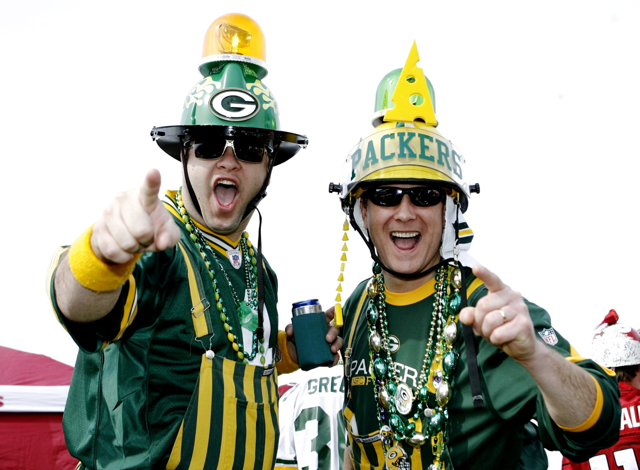 GLENDALE, AZ - JANUARY 10: (L-R) Green Bay Packers fans Dan Green and Leroy 'the Beerman' from Wisconsin cheer for their team before the 2010 NFC wild-card game against the Arizona Cardinals at University of Phoenix Stadium on January 10, 2010 in Glendal GLENDALE, AZ - JANUARY 10: (L-R) Green Bay Packers fans Dan Green and Leroy 'the Beerman' from Wisconsin cheer for their team before the 2010 NFC wild-card game against the Arizona Cardinals at University of Phoenix Stadium on January 10, 2010 in Glendal