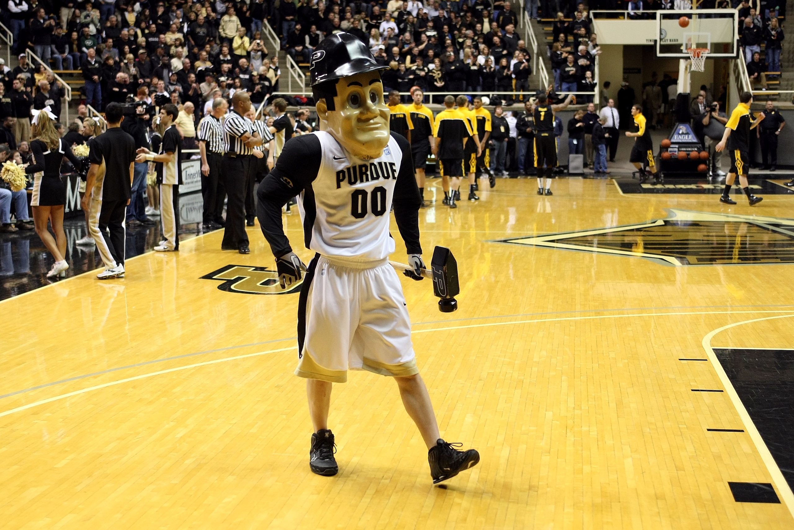 WEST LAFAYETTE, IN - JANUARY 09: Purdue Pete the mascot for the Purdue Boilermakers performs against the Iowa Hawkeyes at Mackey Arena on January 9, 2011 in West Lafayette, Indiana. Purdue own 75-52. (Photo by Chris Chambers/Getty Images) WEST LAFAYETTE, IN - JANUARY 09: Purdue Pete the mascot for the Purdue Boilermakers performs against the Iowa Hawkeyes at Mackey Arena on January 9, 2011 in West Lafayette, Indiana. Purdue own 75-52. (Photo by Chris Chambers/Getty Images)