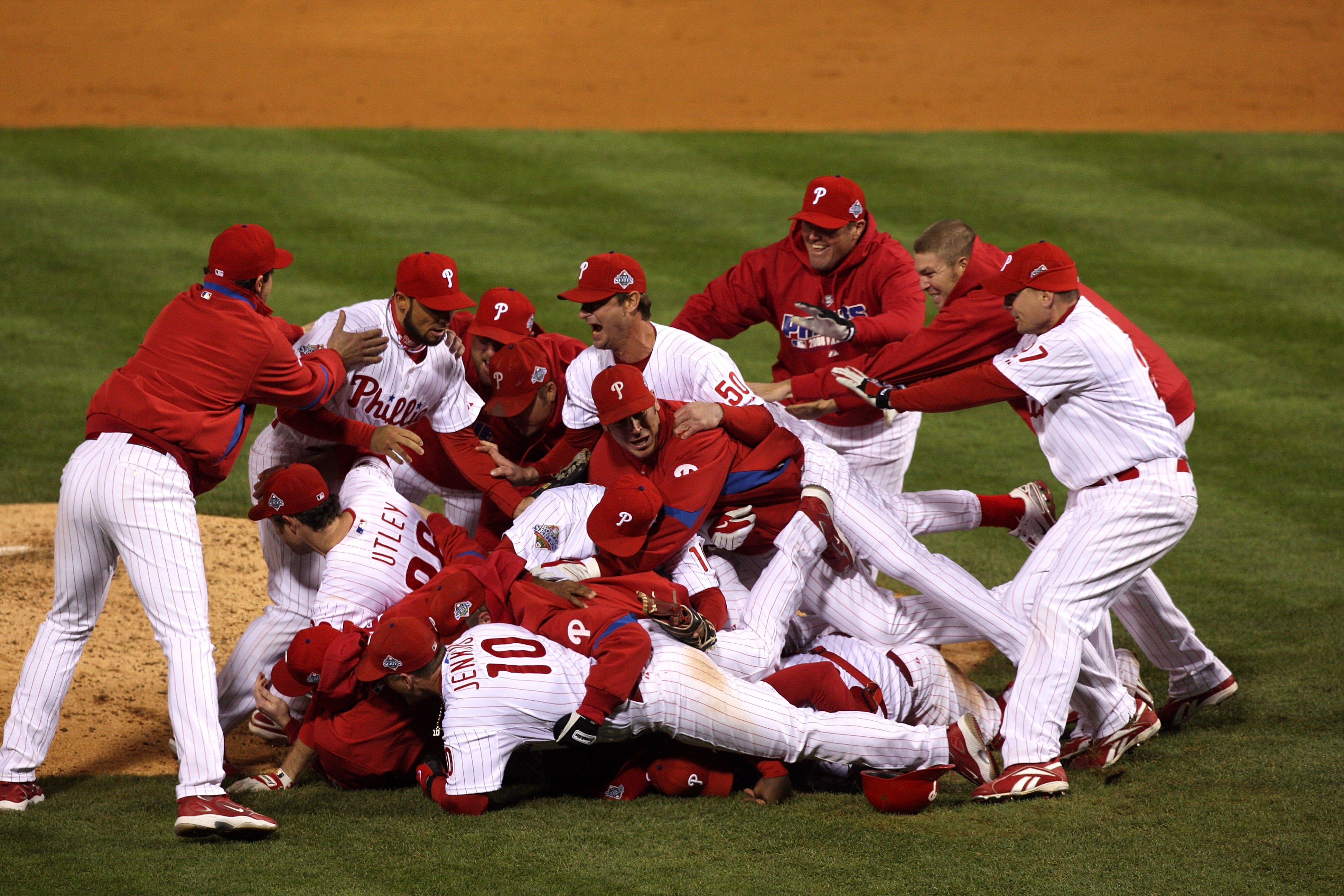 PHILADELPHIA - OCTOBER 29:  The Philadelphia Phillies celebrate their 4-3 win against the Tampa Bay Rays during the continuation of game five of the 2008 MLB World Series on October 29, 2008 at Citizens Bank Park in Philadelphia, Pennsylvania.  (Photo by
