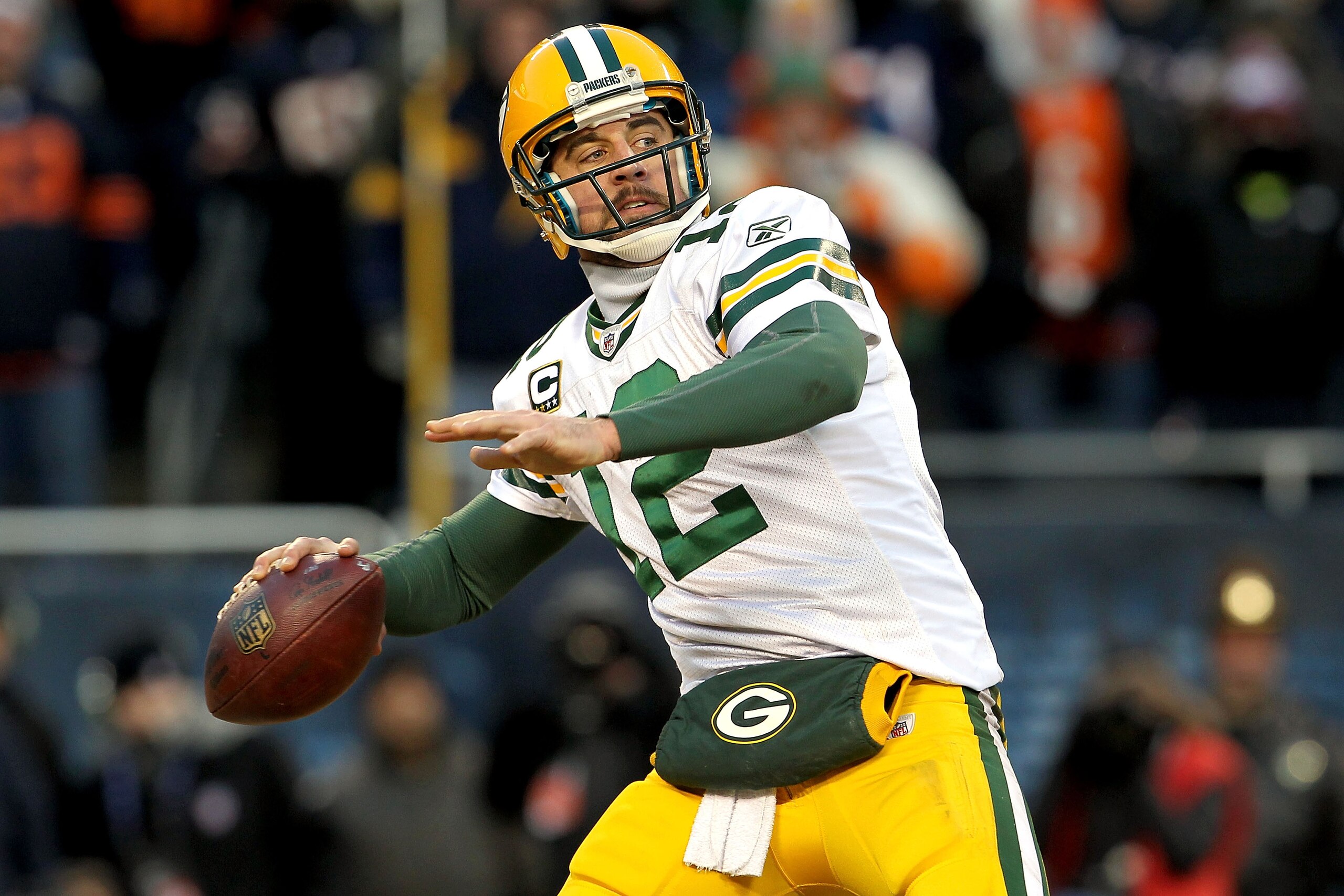 CHICAGO, IL - JANUARY 23: Quarterback Aaron Rodgers #12 of the Green Bay Packers throws a pass in the second half against the Chicago Bears in the NFC Championship Game at Soldier Field on January 23, 2011 in Chicago, Illinois. (Photo by Jamie Squire/Ge CHICAGO, IL - JANUARY 23: Quarterback Aaron Rodgers #12 of the Green Bay Packers throws a pass in the second half against the Chicago Bears in the NFC Championship Game at Soldier Field on January 23, 2011 in Chicago, Illinois. (Photo by Jamie Squire/Ge
