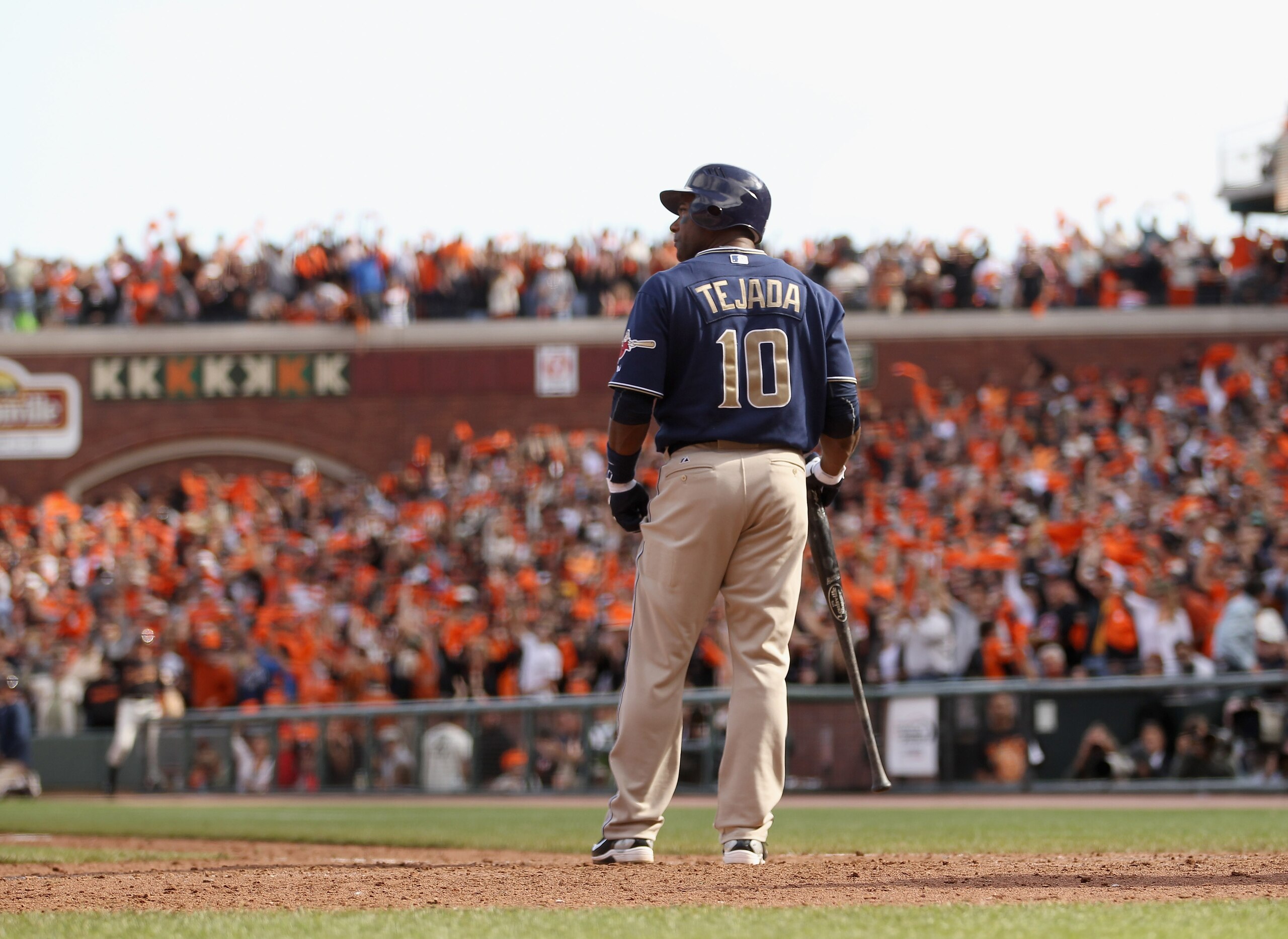 SAN FRANCISCO - OCTOBER 03:  Miguel Tejada #10 of the San Diego Padres stands at home plate after he struck out with two runners on base to end the seventh inning of their game against the San Francisco Giants at AT&T Park on October 3, 2010 in San Franci