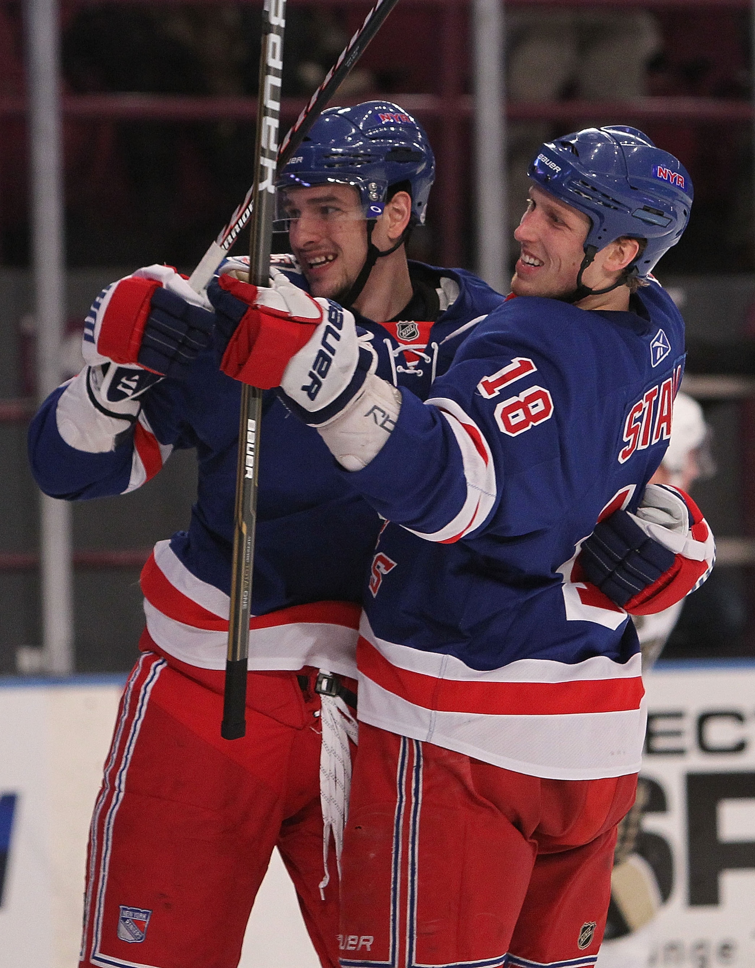NEW YORK, NY - FEBRUARY 01: Marc Staal #18 of the New York Rangers congratulates teammate Artem Anisimov #42 after his goal against the Pittsburgh Penguins at Madison Square Garden on February 1, 2011 in New York City. (Photo by Nick Laham/Getty Images) NEW YORK, NY - FEBRUARY 01: Marc Staal #18 of the New York Rangers congratulates teammate Artem Anisimov #42 after his goal against the Pittsburgh Penguins at Madison Square Garden on February 1, 2011 in New York City. (Photo by Nick Laham/Getty Images)