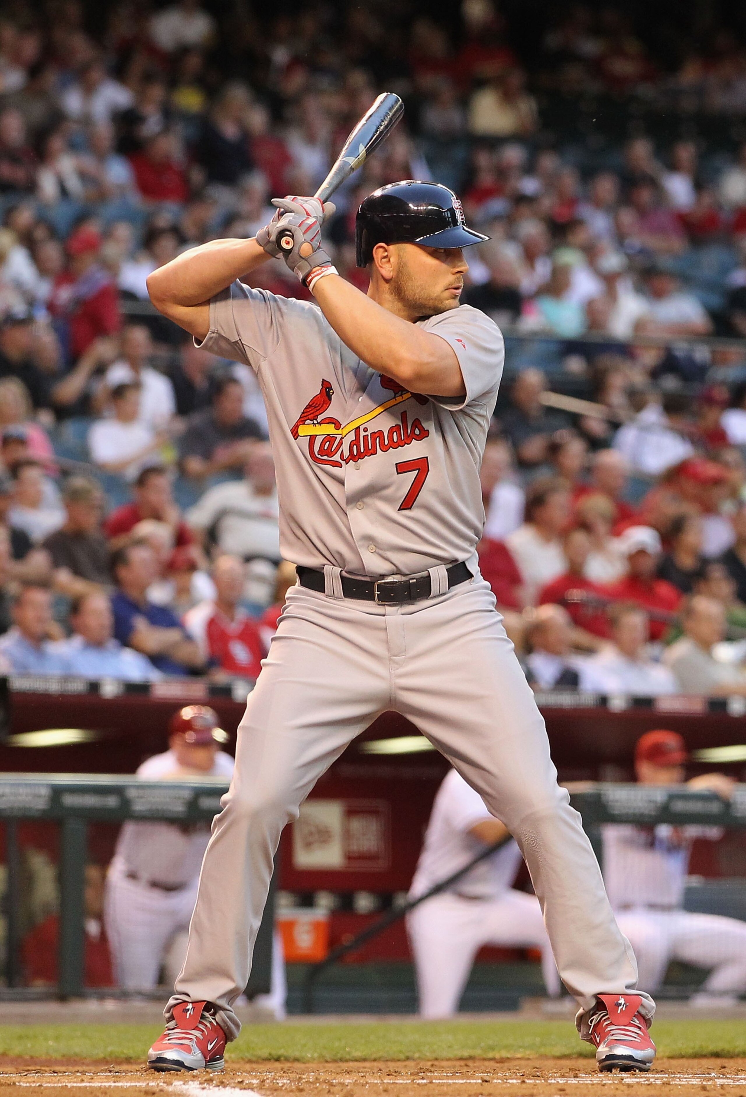 PHOENIX - APRIL 19:  Matt Holliday #7 of the St. Louis Cardinals bats against the Arizona Diamondbacks during the Major League Baseball game at Chase Field on April 19, 2010 in Phoenix, Arizona. The Cardinals defeated the Diamondbacks 4-2.  (Photo by Chri
