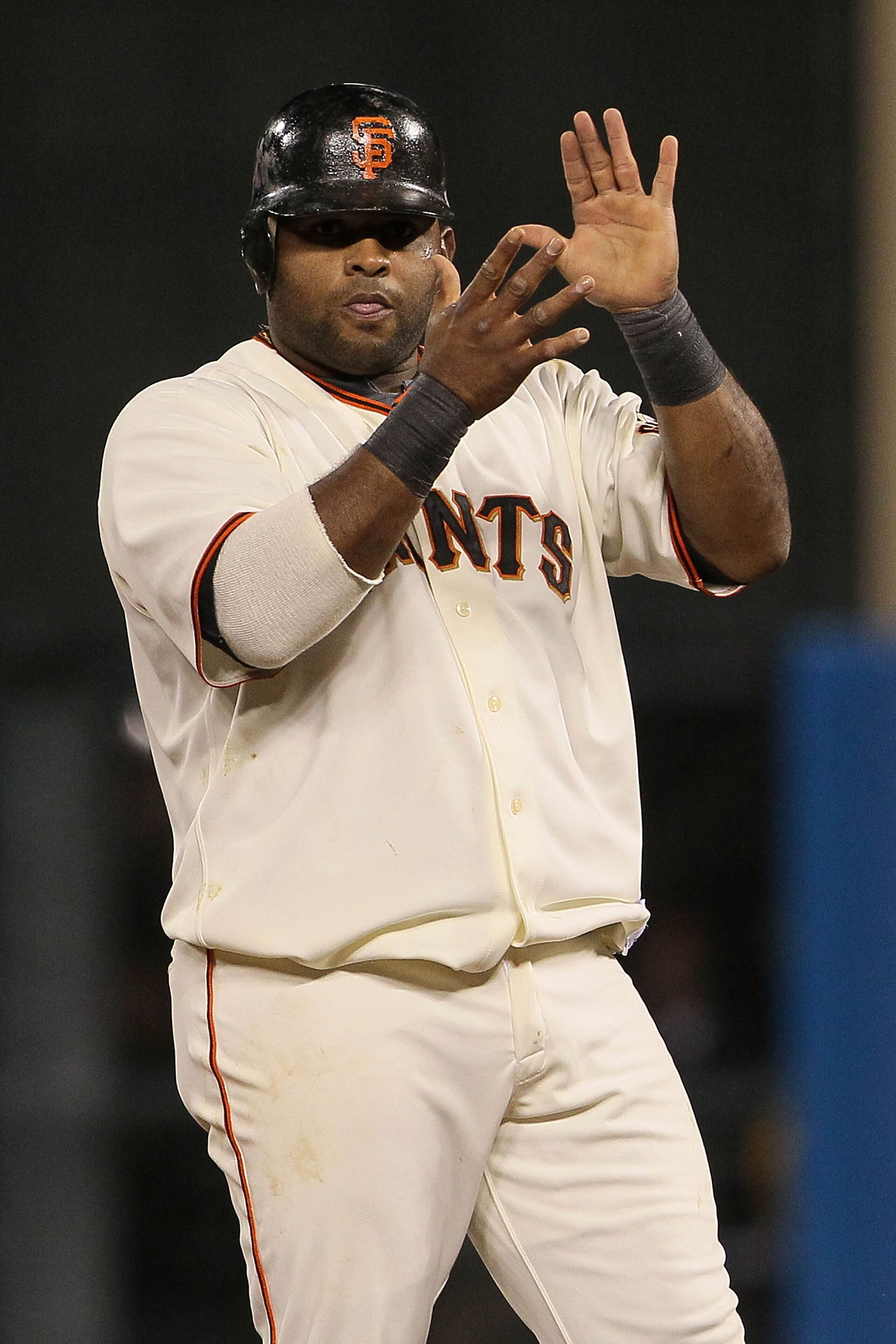 SAN FRANCISCO - OCTOBER 20:  Pablo Sandoval #48 of the San Francisco Giants reacts after hitting an RBI double in the sixth inning against the Philadelphia Phillies in Game Four of the NLCS during the 2010 MLB Playoffs at AT&T Park on October 20, 2010 in