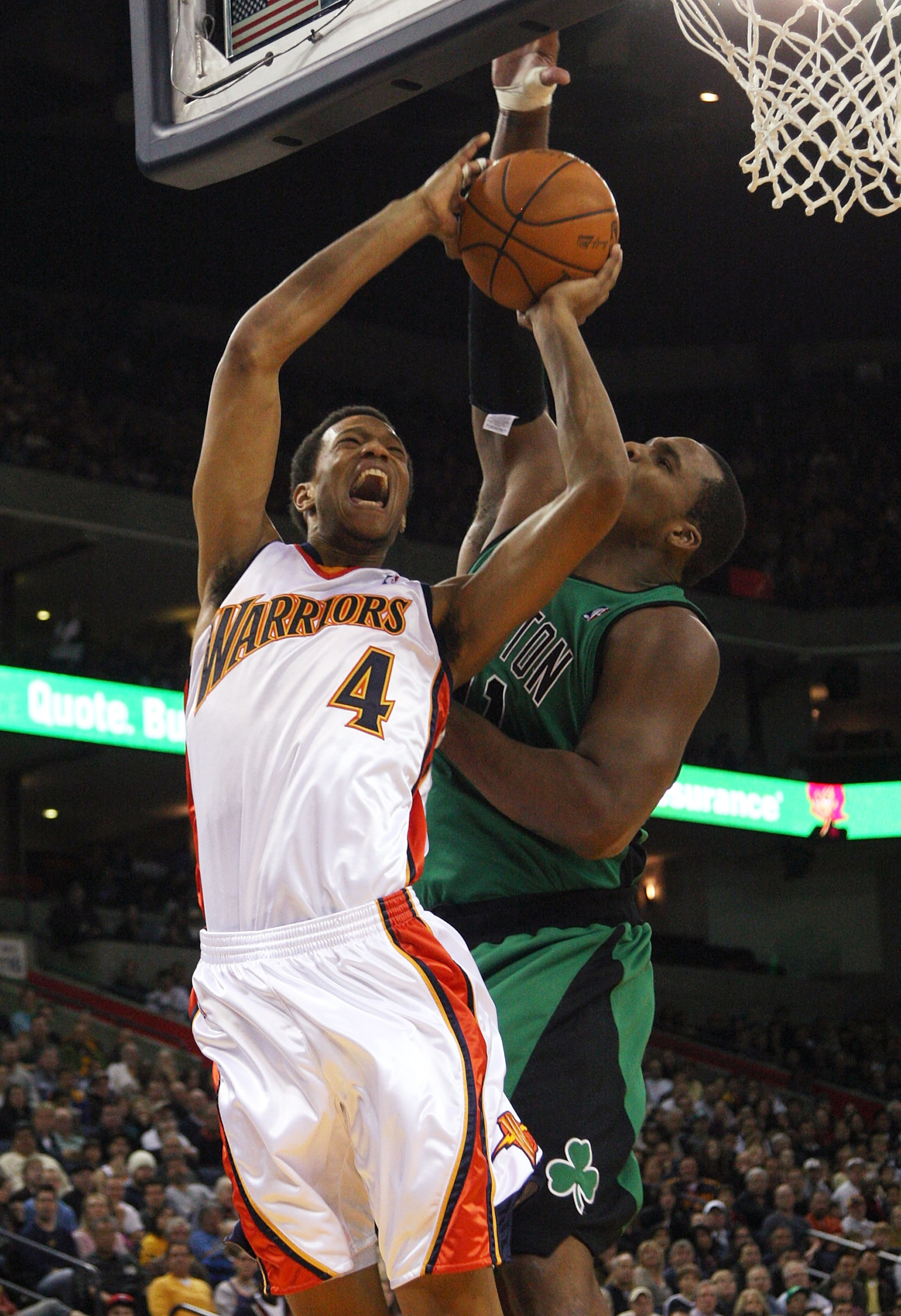 OAKLAND, CA - DECEMBER 28:  Anthony Randolph #4 of the Golden State Warriors shoots over Glen Davis #11 of the Boston Celtics during an NBA game at Oracle Arena on December 28, 2009 in Oakland, California. NOTE TO USER: User expressly acknowledges and agr