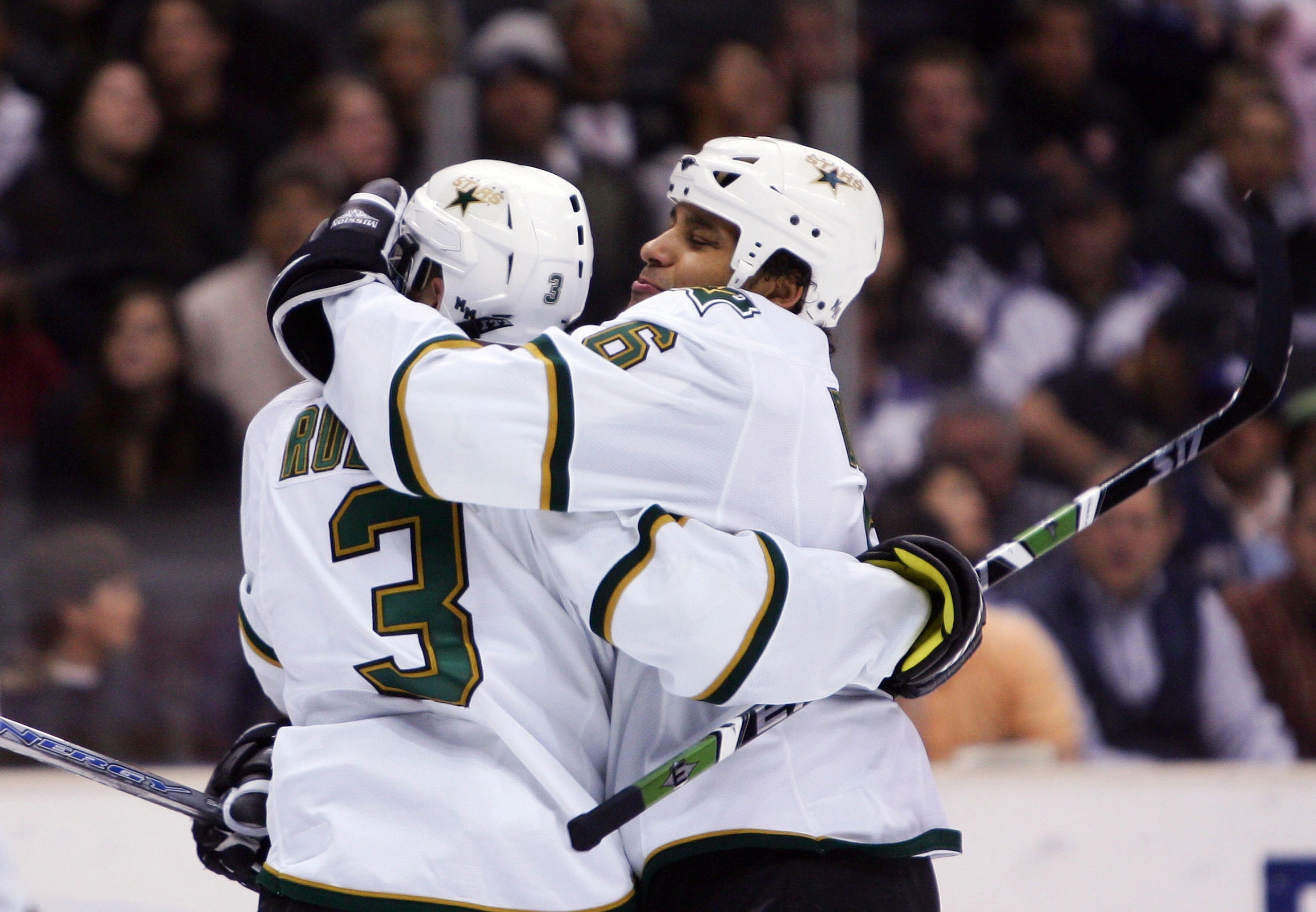 LOS ANGELES, CA - MARCH 29:  Trevor Daley #6 celebrates the goal of Stephane Robidas #3 of the Dallas Stars to tie the game 1-1 against the Los Angeles Kings during the first period at the Staples Center on March 29, 2008 in Los Angeles, California.  (Pho
