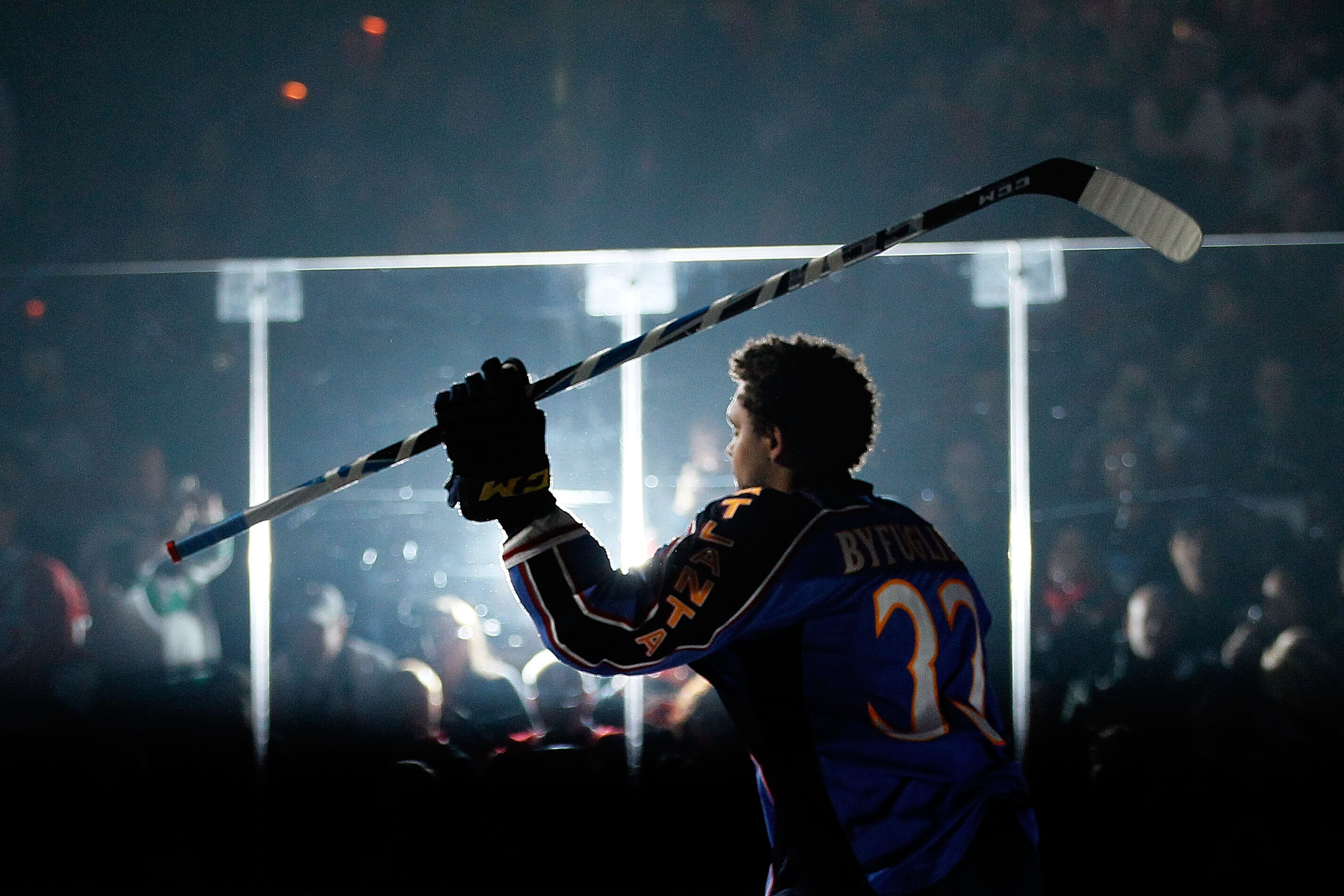 RALEIGH, NC - JANUARY 29:  Dustin Byfuglien #33 of the Atlanta Thrashers is introduced during the Honda NHL SuperSkills competition part of 2011 NHL All-Star Weekend at the RBC Center on January 29, 2011 in Raleigh, North Carolina.  (Photo by Kevin C. Cox