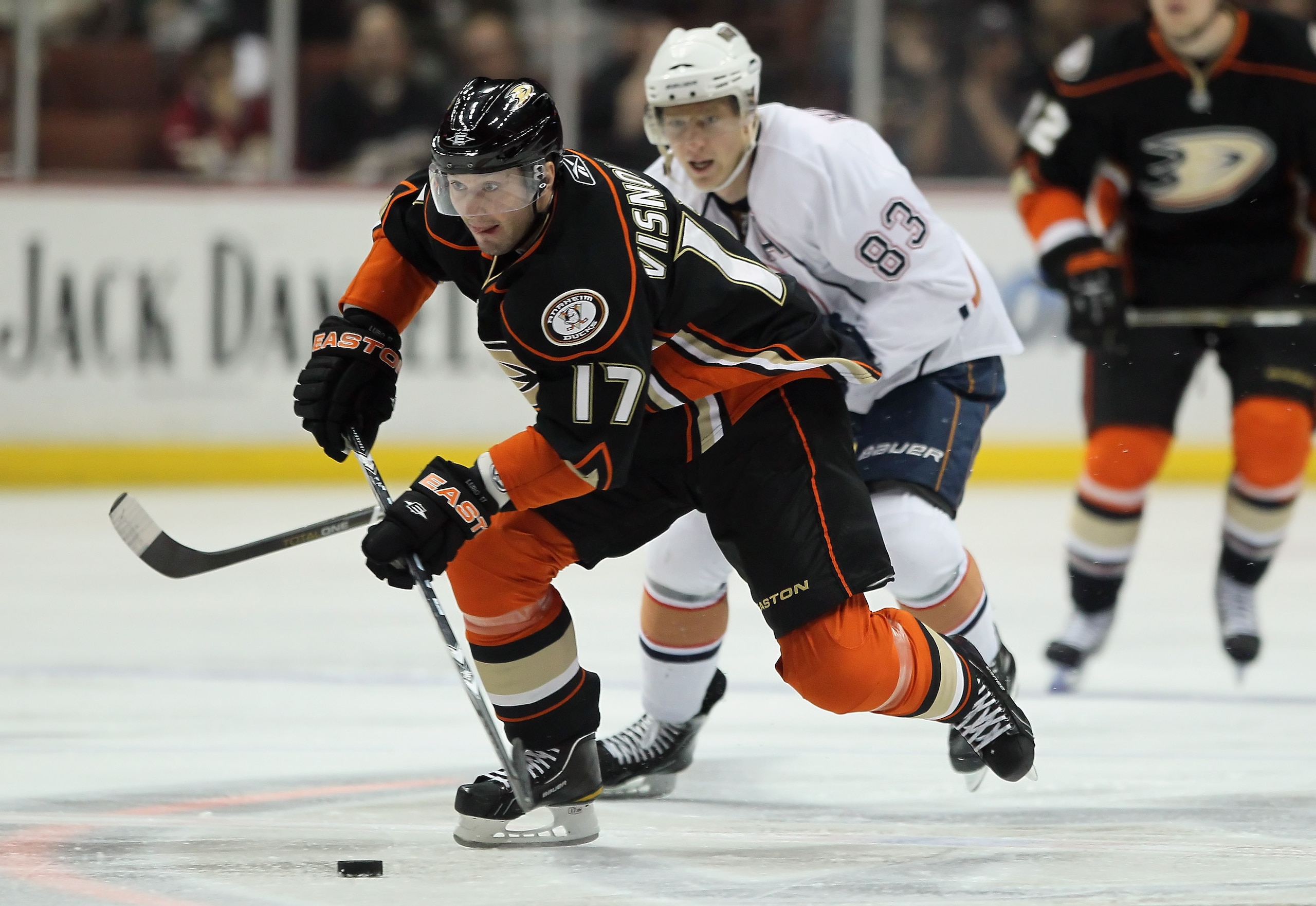 ANAHEIM, CA - JANUARY 16:  Lubomir Visnovsky #17 of the Anaheim Ducks is pursued by Ales Hemsky #83 of the Edmonton Oilers at the Honda Center on January 16, 2011 in Anaheim, California.  (Photo by Jeff Gross/Getty Images)