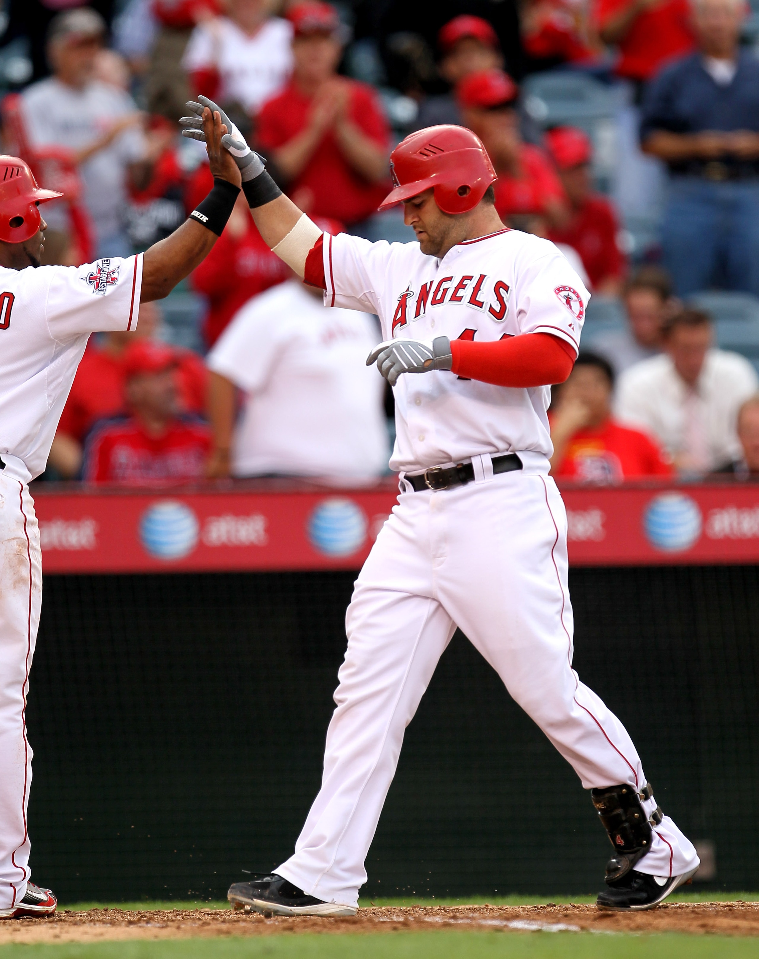 ANAHEIM, CA - SEPTEMBER 08:  Mike Napoli #44 of the Los Angeles Angels of Anaheim celebrates as he crosses home after his two run home run in the fifth inning against the Cleveland Indians on September 8, 2010 at Angel Stadium in Anaheim, California.  (Ph