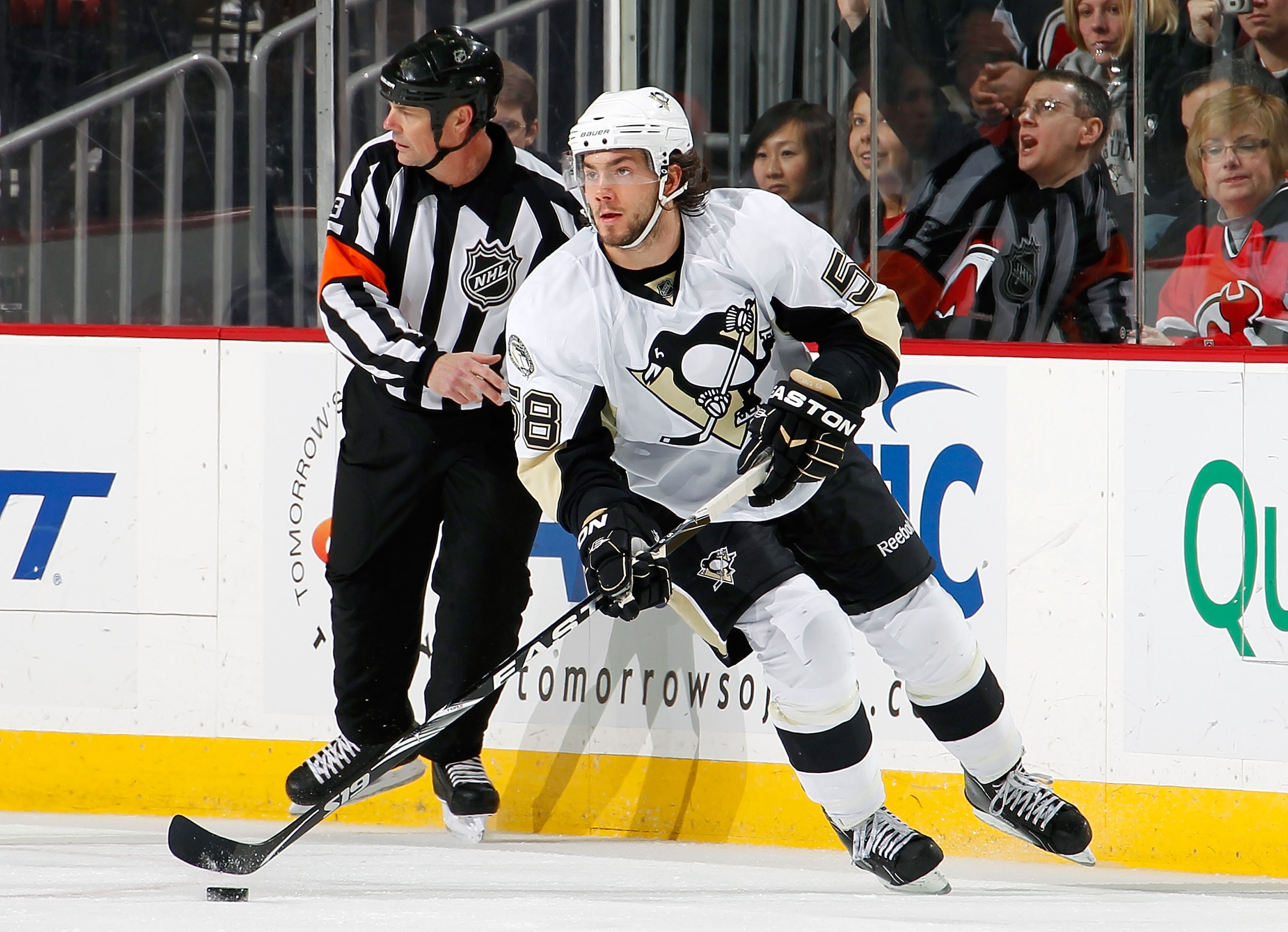 NEWARK, NJ - JANUARY 20:  Kris Letang #58 of the Pittsburgh Penguins skates in an NHL hockey game against the New Jersey Devils at the Prudential Center on January 20, 2011 in Newark, New Jersey.  (Photo by Paul Bereswill/Getty Images)