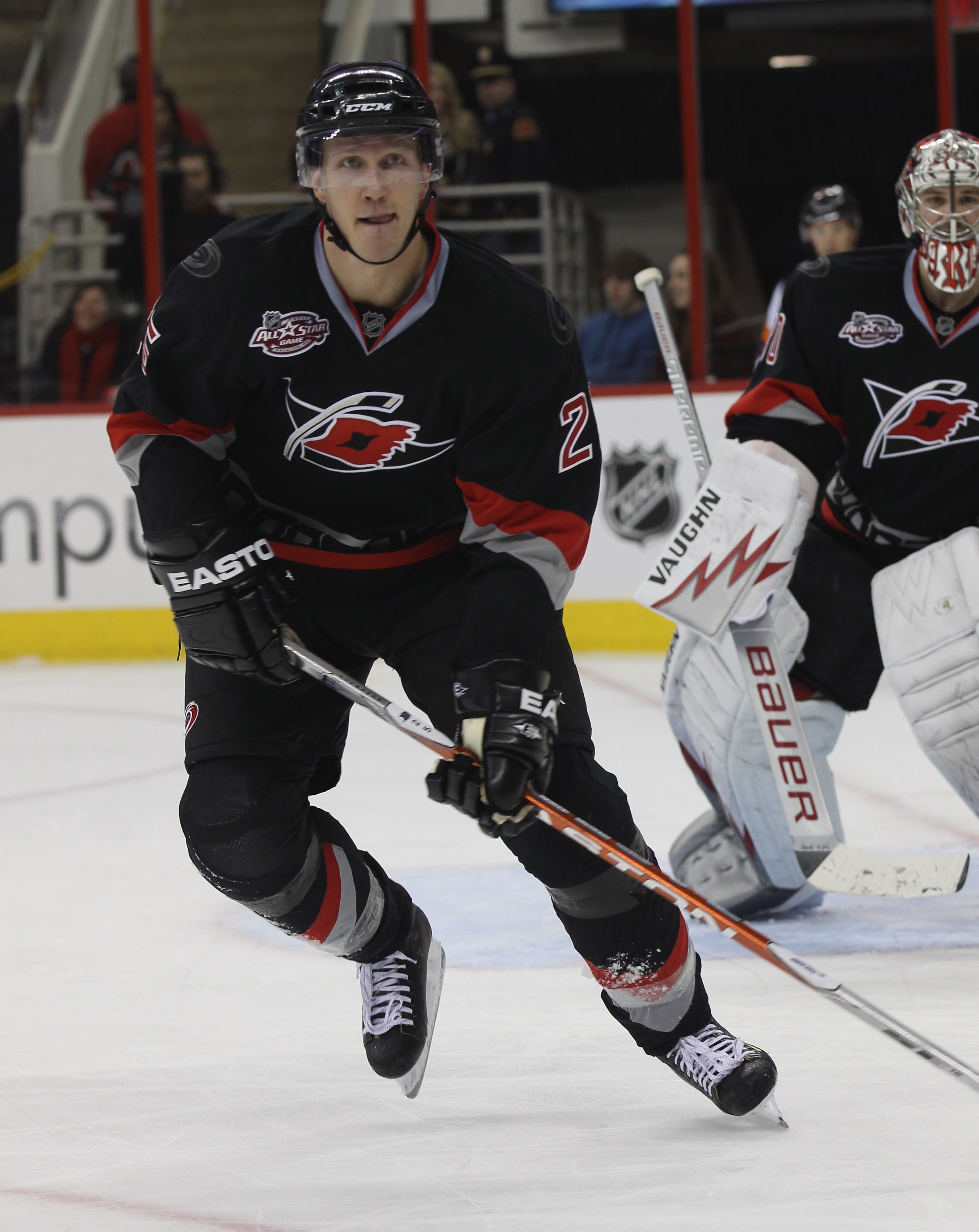 RALEIGH, NC - NOVEMBER 29:  Joni Pitkanen #25 of the Carolina Hurricanes skates against the Dallas Stars at the RBC Center on November 29, 2010 in Raleigh, North Carolina. The Stars defeated the Hurricanes 4-1.  (Photo by Bruce Bennett/Getty Images)