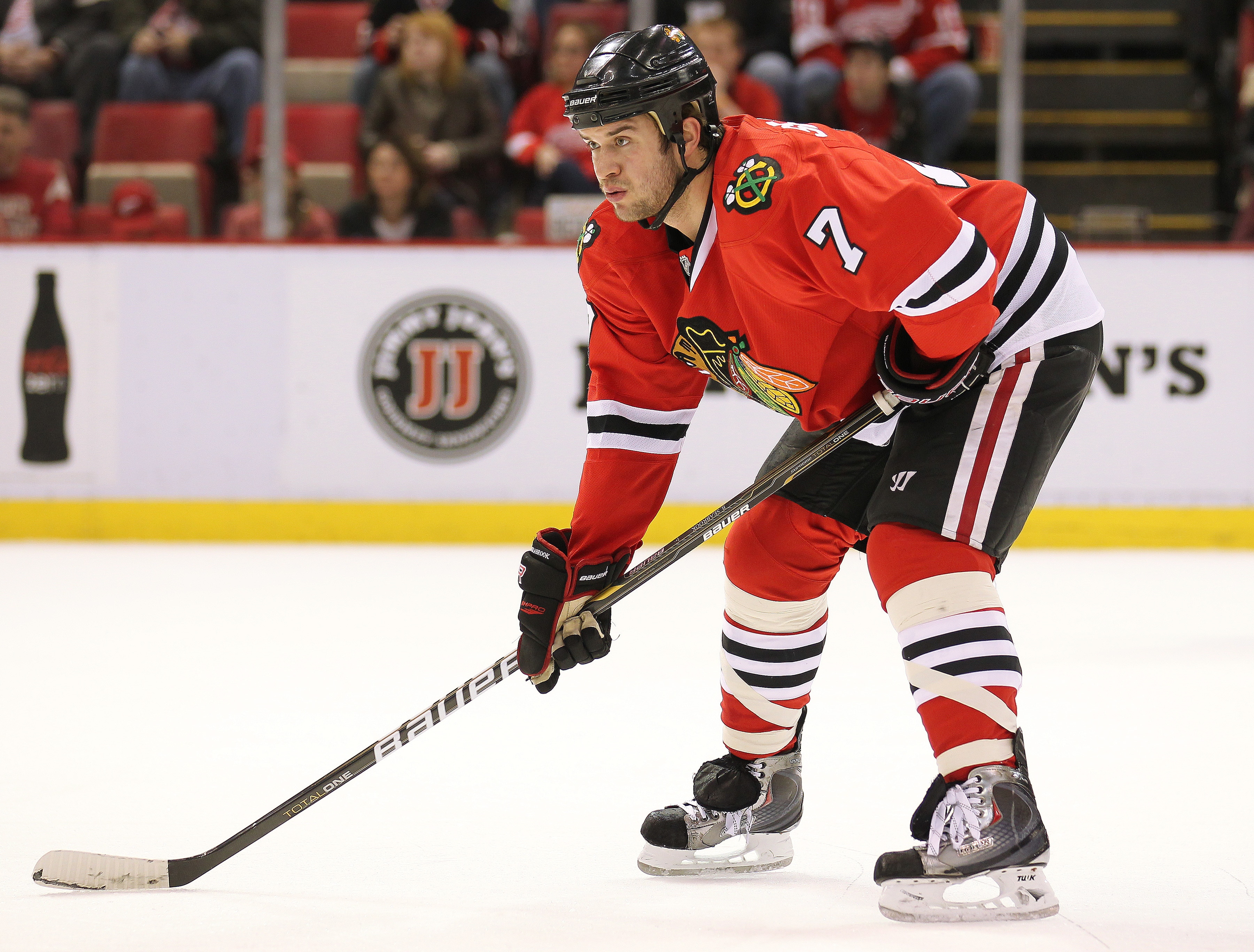 DETROIT, MI - JANUARY 22:  Brent Seabrook #7 of the Chicago Black Hawks waits for a faceoff in a game against the Detroit Red Wings on January 22, 2011 at the Joe Louis Arena in Detroit, Michigan. The Hawks defeated the Wings 4-1. (Photo by Claus Andersen