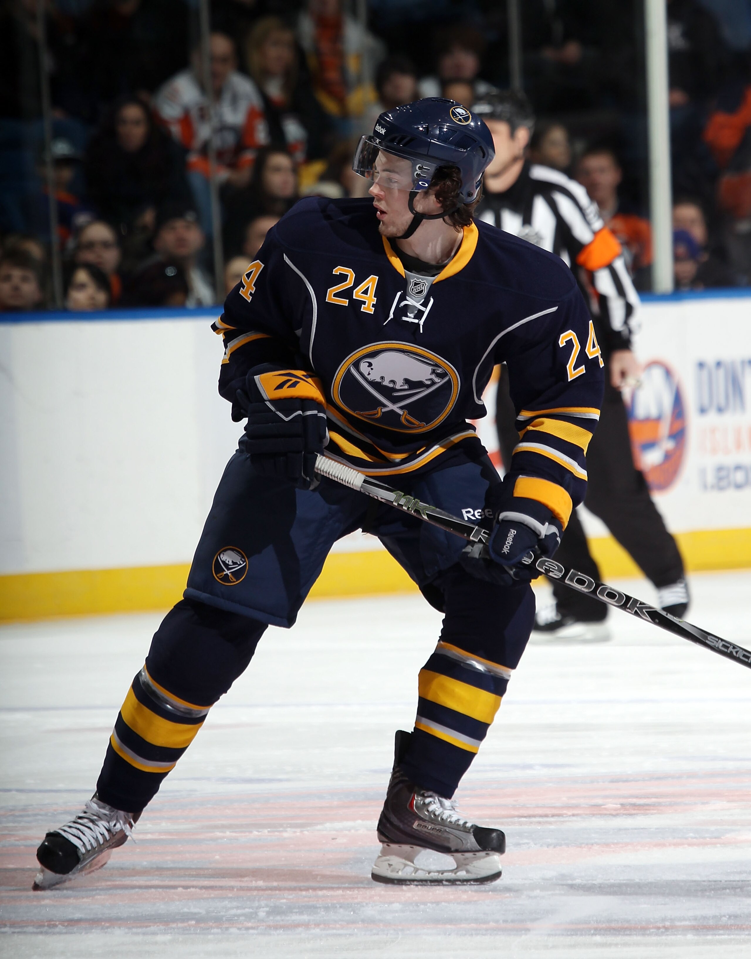 UNIONDALE, NY - JANUARY 23:  Paul Byron #24 of the Buffalo Sabres skates in his first NHL game against the New York Islanders at the Nassau Coliseum on January 23, 2011 in Uniondale, New York. The Sabres defeated the Islanders 5-3.  (Photo by Bruce Bennet