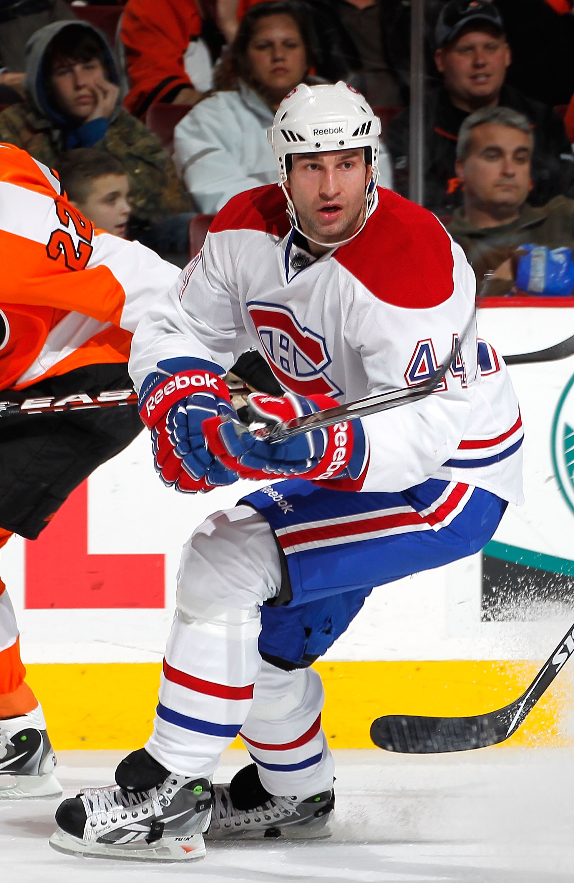 PHILADELPHIA, PA - JANUARY 25:  Roman Hamrlik #44 of the Montreal Canadiens skates in an NHL hockey game against the Philadelphia Flyers at the Wells Fargo Center on January 25, 2011 in Philadelphia, Pennsylvania.  (Photo by Paul Bereswill/Getty Images)