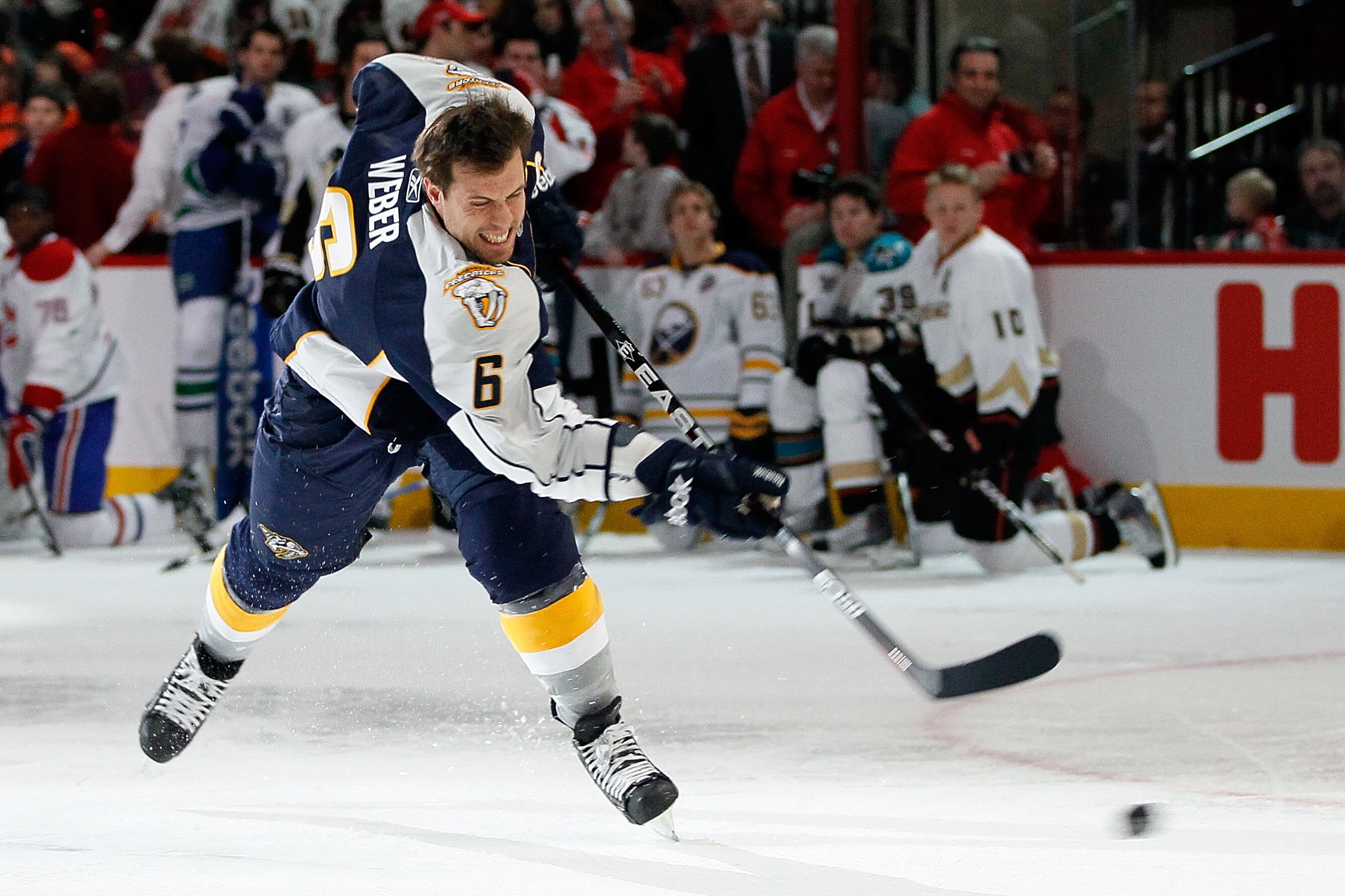 RALEIGH, NC - JANUARY 29:  Shea Weber #6 of the Nashville Predators competes in the hardest shot part of the Honda NHL SuperSkills competition part of 2011 NHL All-Star Weekend at the RBC Center on January 29, 2011 in Raleigh, North Carolina.  (Photo by K