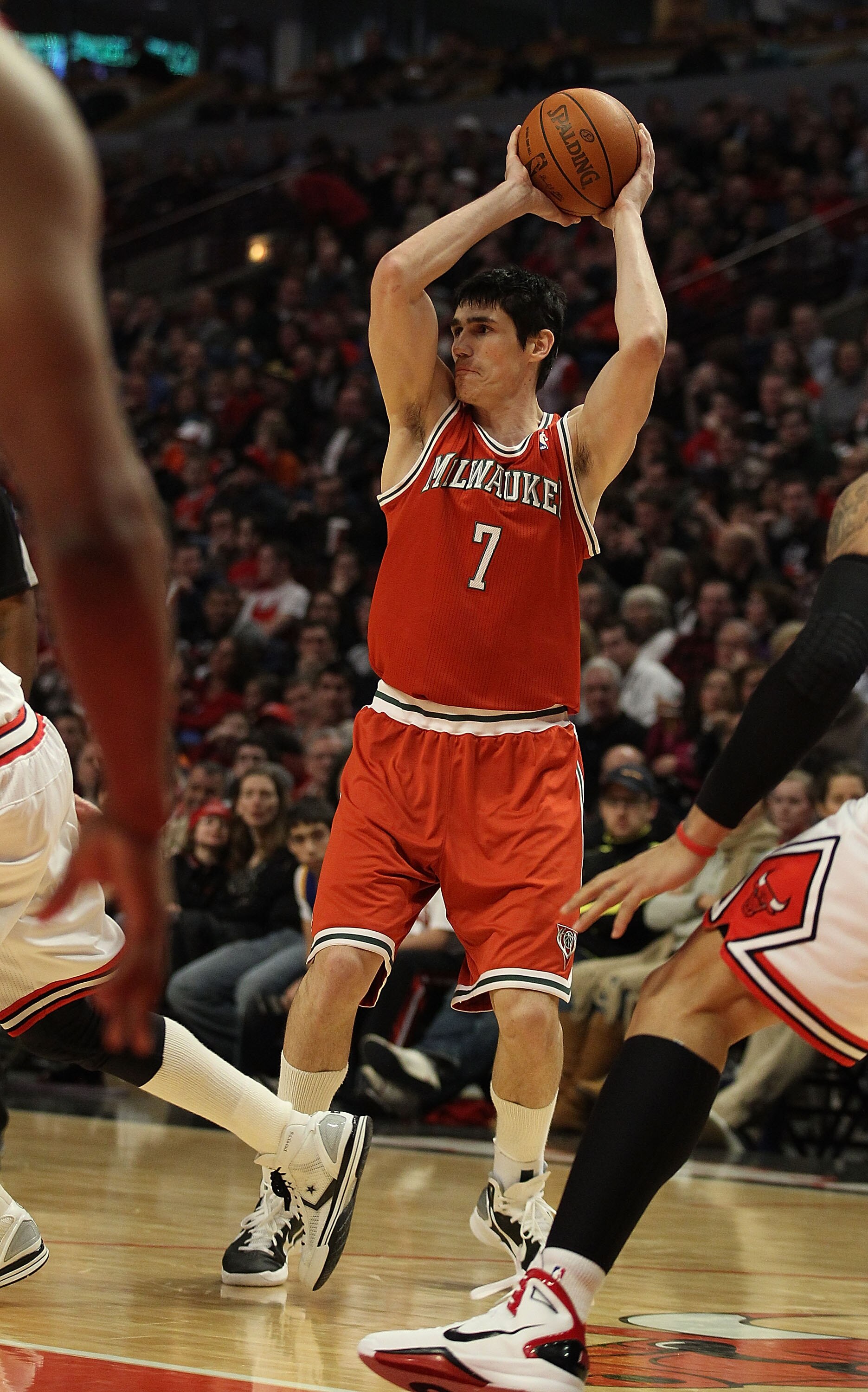 CHICAGO, IL - DECEMBER 28: Ersan Ilyasova #7 of the Milwaukee Bucks looks to pass against the Chicago Bulls at the United Center on December 28, 2010 in Chicago, Illinois. The Bulls defeated the Bucks 90-77. NOTE TO USER: User expressly acknowledges and a