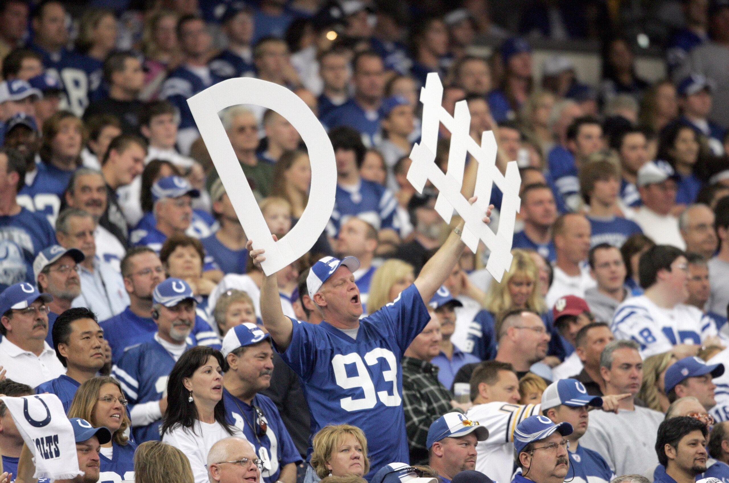 INDIANAPOLIS - OCTOBER 8: A fans of the Indianapolis Colts holds up a sign D fence during the NFL game at the RCA Dome on October 8, 2006 in Indianapolis, Indiana. (Photo by: Andy Lyons/Getty Images)
