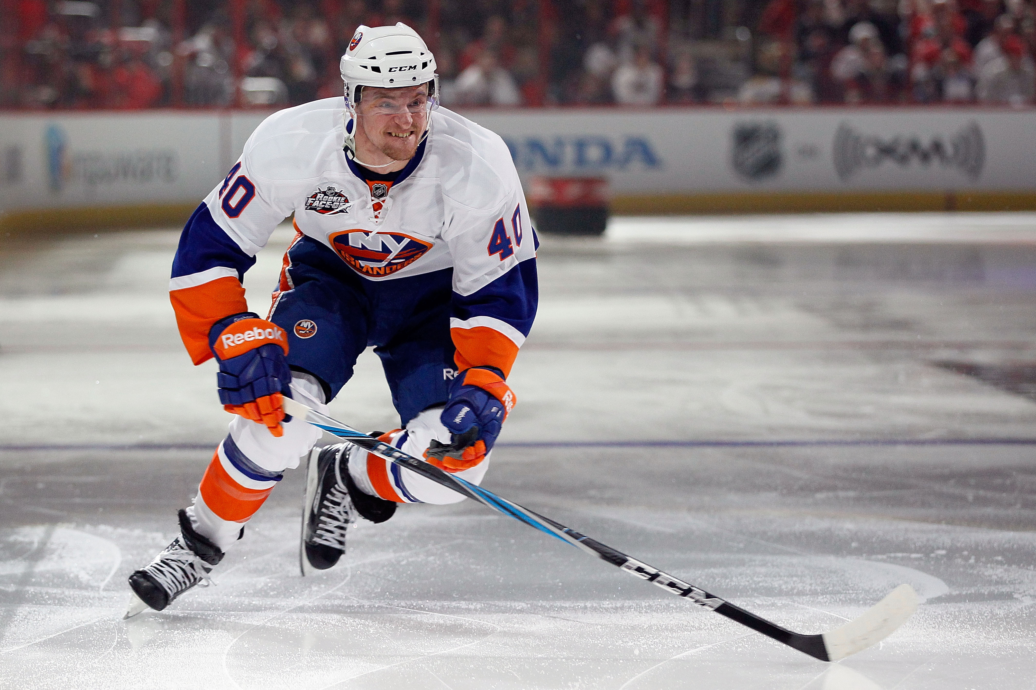 RALEIGH, NC - JANUARY 29:  Michael Grabner #40 of the New York Islanders skates on his way to winning fastest skater during the Honda NHL SuperSkills competition part of 2011 NHL All-Star Weekend at the RBC Center on January 29, 2011 in Raleigh, North Car