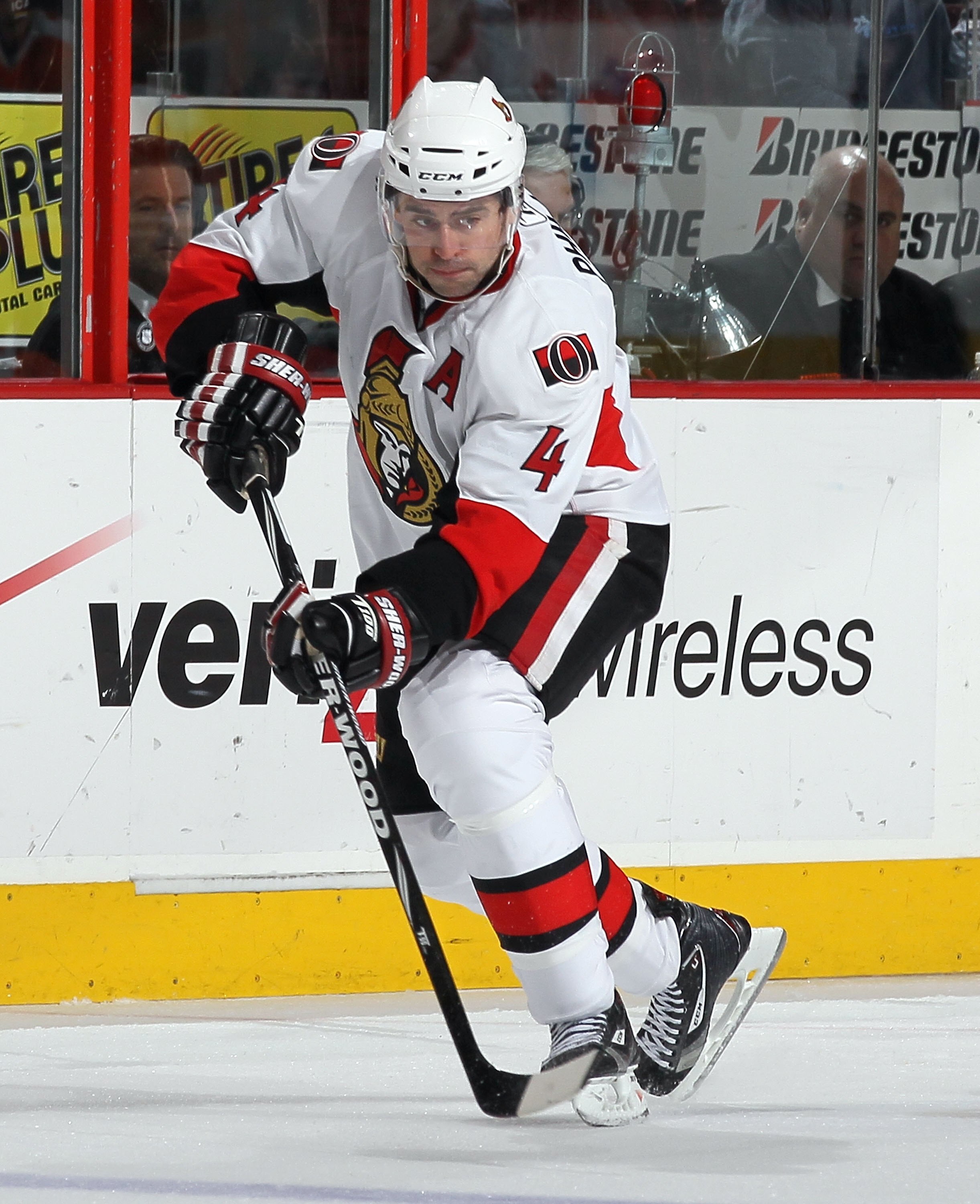 PHILADELPHIA, PA - JANUARY 20:  Chris Phillips #4 of the Ottawa Senators skates against the Philadelphia Flyers on January 20, 2011 at Wells Fargo Center in Philadelphia, Pennsylvania.  (Photo by Jim McIsaac/Getty Images)