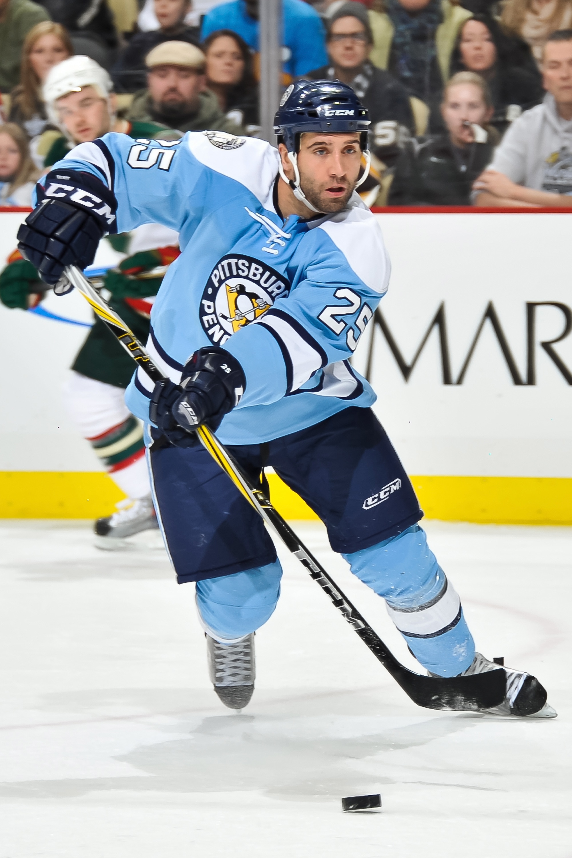PITTSBURGH, PA - JANUARY 08:  Maxime Talbot #25 of the Pittsburgh Penguins skates with the puck against the Minnesota Wild on January 8, 2011 at CONSOL Energy Center in Pittsburgh, Pennsylvania.  (Photo by Jamie Sabau/Getty Images)
