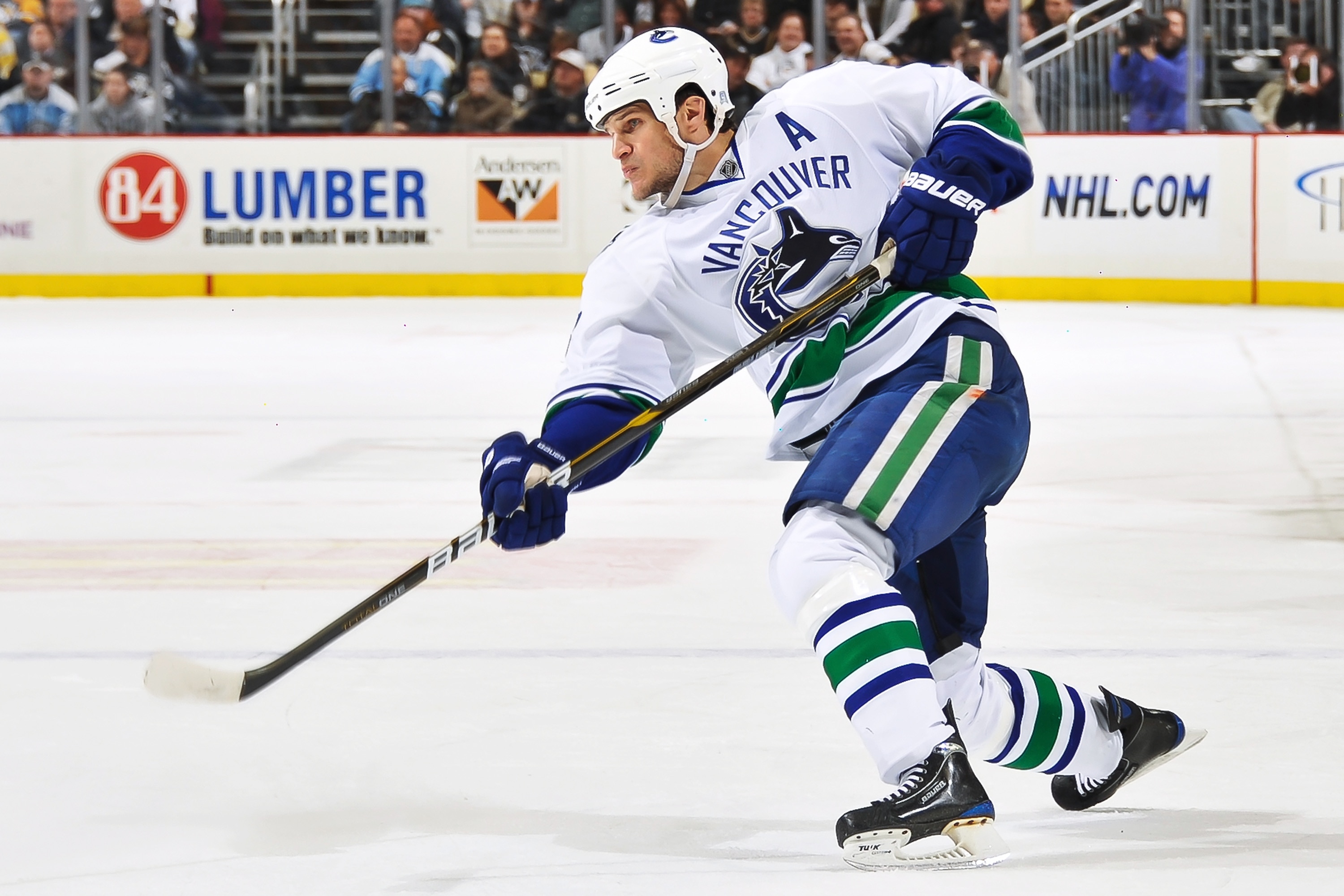 PITTSBURGH - NOVEMBER 17:  Kevin Bieksa #3 of the Vancouver Canucks skates against the Pittsburgh Penguins on November 17, 2010 at Consol Energy Center in Pittsburgh, Pennsylvania.  (Photo by Jamie Sabau/Getty Images)