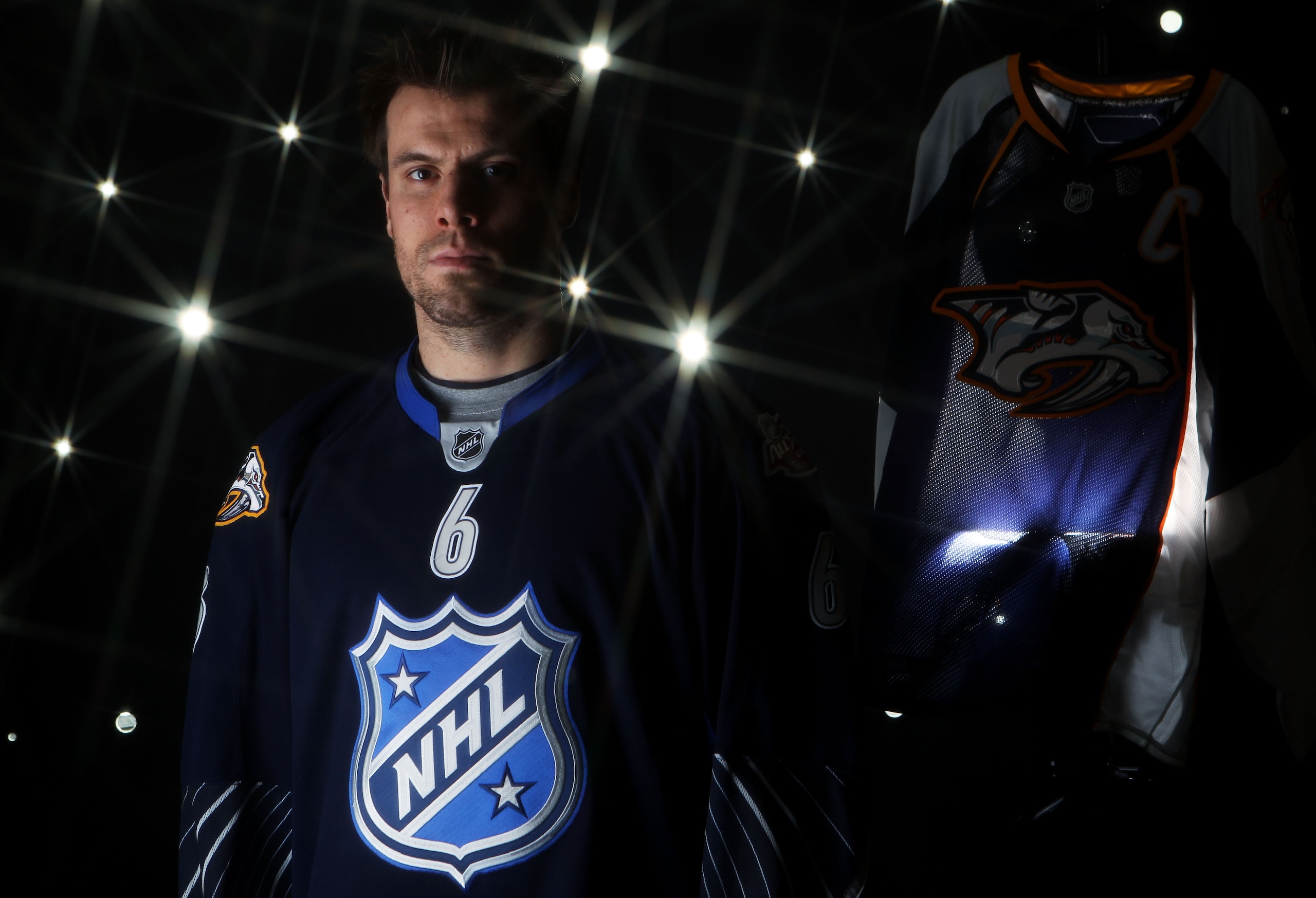 RALEIGH, NC - JANUARY 30:  (EDITORS NOTE: A special effects camera filter was used for this image.) Shea Weber #6 of the Nashville Predators for Team Lidstrom poses for a portrait before the 58th NHL All-Star Game at RBC Center on January 30, 2011 in Rale