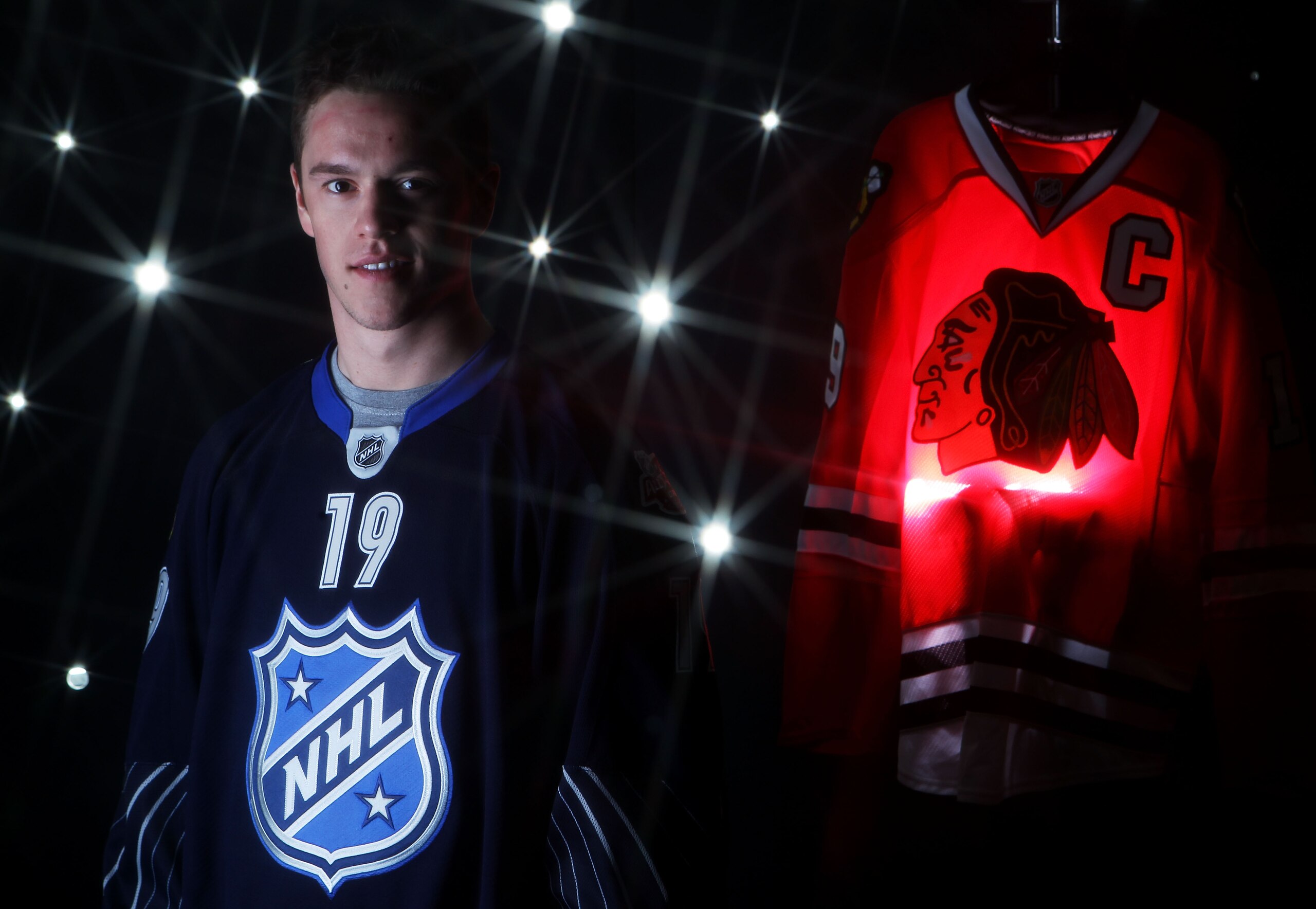RALEIGH, NC - JANUARY 30:  (EDITORS NOTE: A special effects camera filter was used for this image.) Jonathan Toews #19 of the Chicago Blackhawks for Team Lidstrom poses for a portrait before the 58th NHL All-Star Game at RBC Center on January 30, 2011 in
