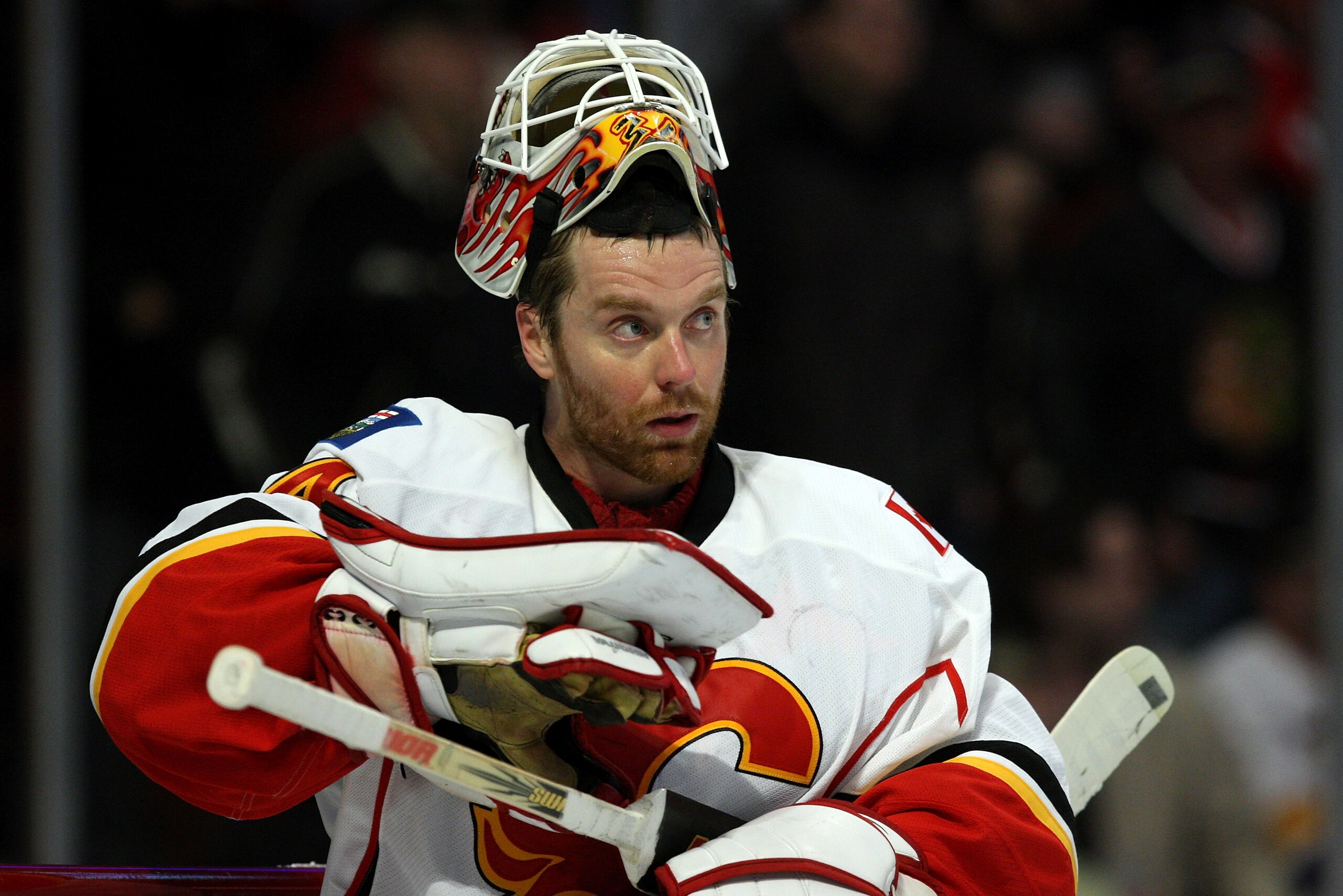 CHICAGO - APRIL 16:  Goalie Miika Kiprusoff #34 of the Calgary Flames looks on against the Chicago Blackhawks during Game One of the Western Conference Quarterfinals of the 2009 Stanley Cup Playoffs on April 16, 2009 at the United Center in Chicago, Illin