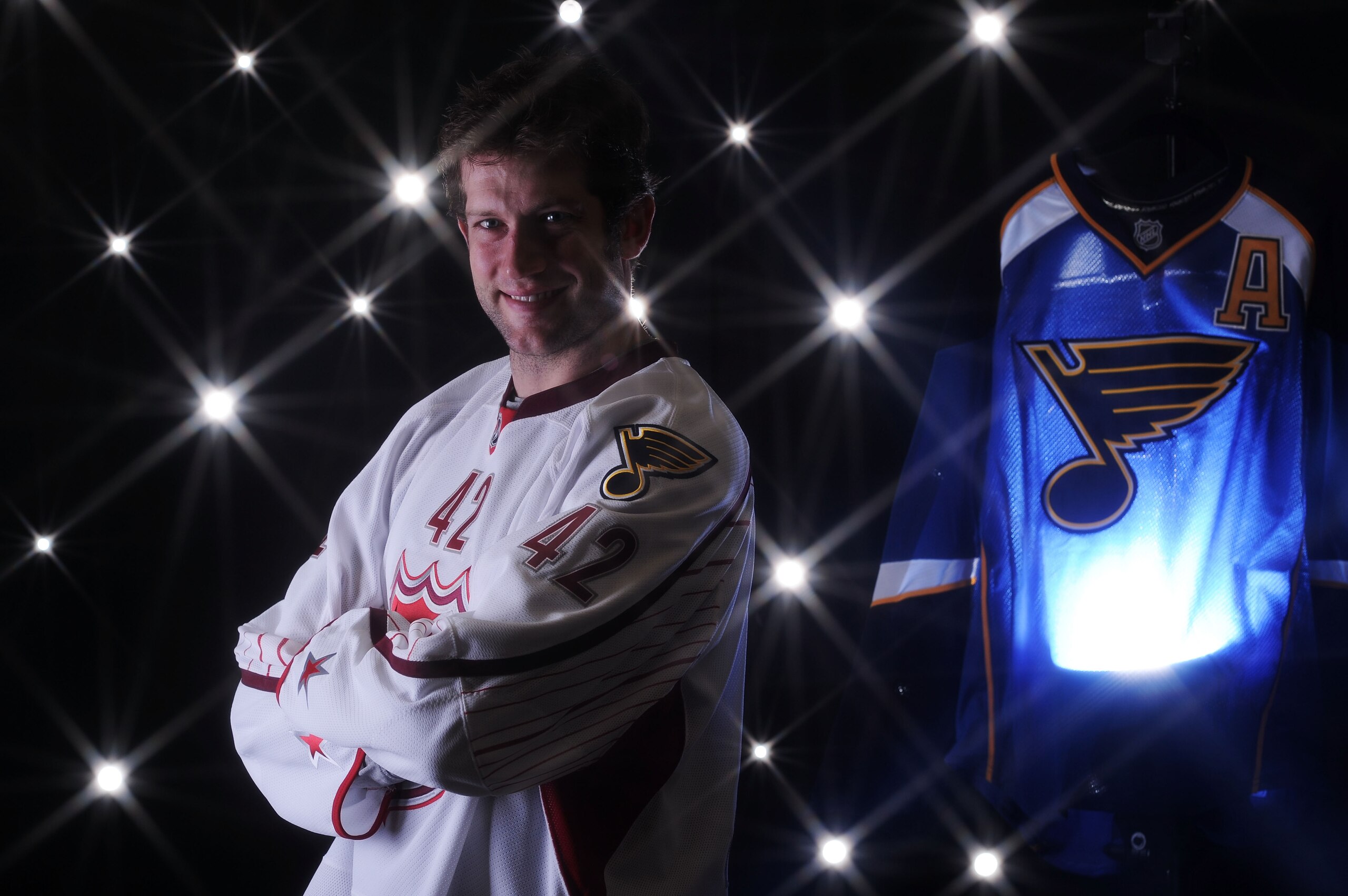RALEIGH, NC - JANUARY 30:  (EDITORS NOTE: A special effects camera filter was used for this image.) David Backes #42 of the St. Louis Blues for Team Staal poses for a portrait before the 58th NHL All-Star Game at RBC Center on January 30, 2011 in Raleigh,