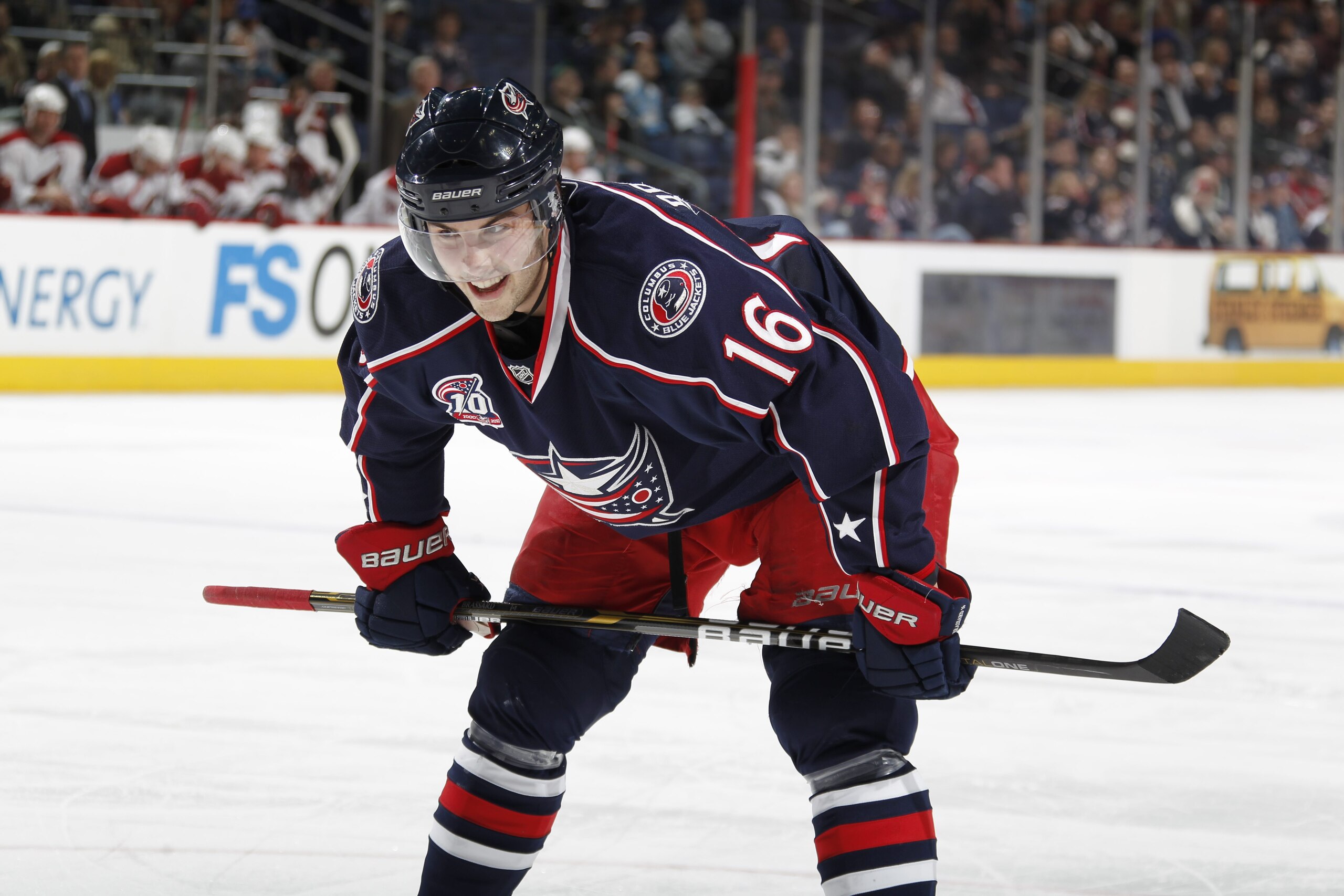 COLUMBUS, OH - JANUARY 11: Derick Brassard #16 of the Columbus Blue Jackets skates against the Phoenix Coyotes during a game on January 11, 2011 at the Nationwide Arena in Columbus, Ohio. (Photo by Gregory Shamus/Getty Images)
