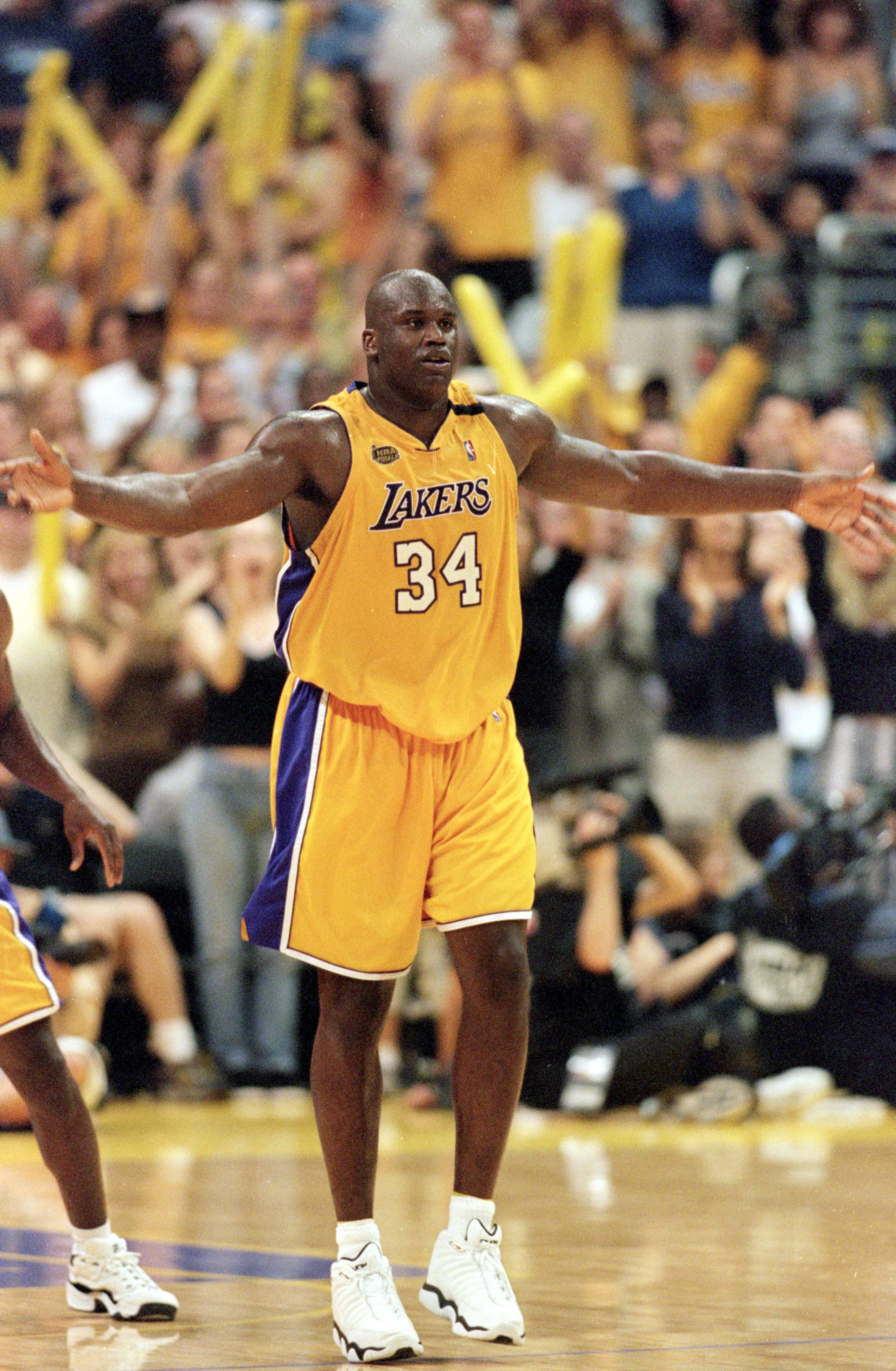 19 Jun 2000: Shaquille O''Neal #34 of the Los Angeles Lakers celebrates on the court during the NBA Finals Game 6 against the Indiana Pacers at the Staples Center in Los Angeles, California. The Lakers defeated the Pacers in 116-111. NOTE TO USER: It 19 Jun 2000: Shaquille O''Neal #34 of the Los Angeles Lakers celebrates on the court during the NBA Finals Game 6 against the Indiana Pacers at the Staples Center in Los Angeles, California. The Lakers defeated the Pacers in 116-111. NOTE TO USER: It