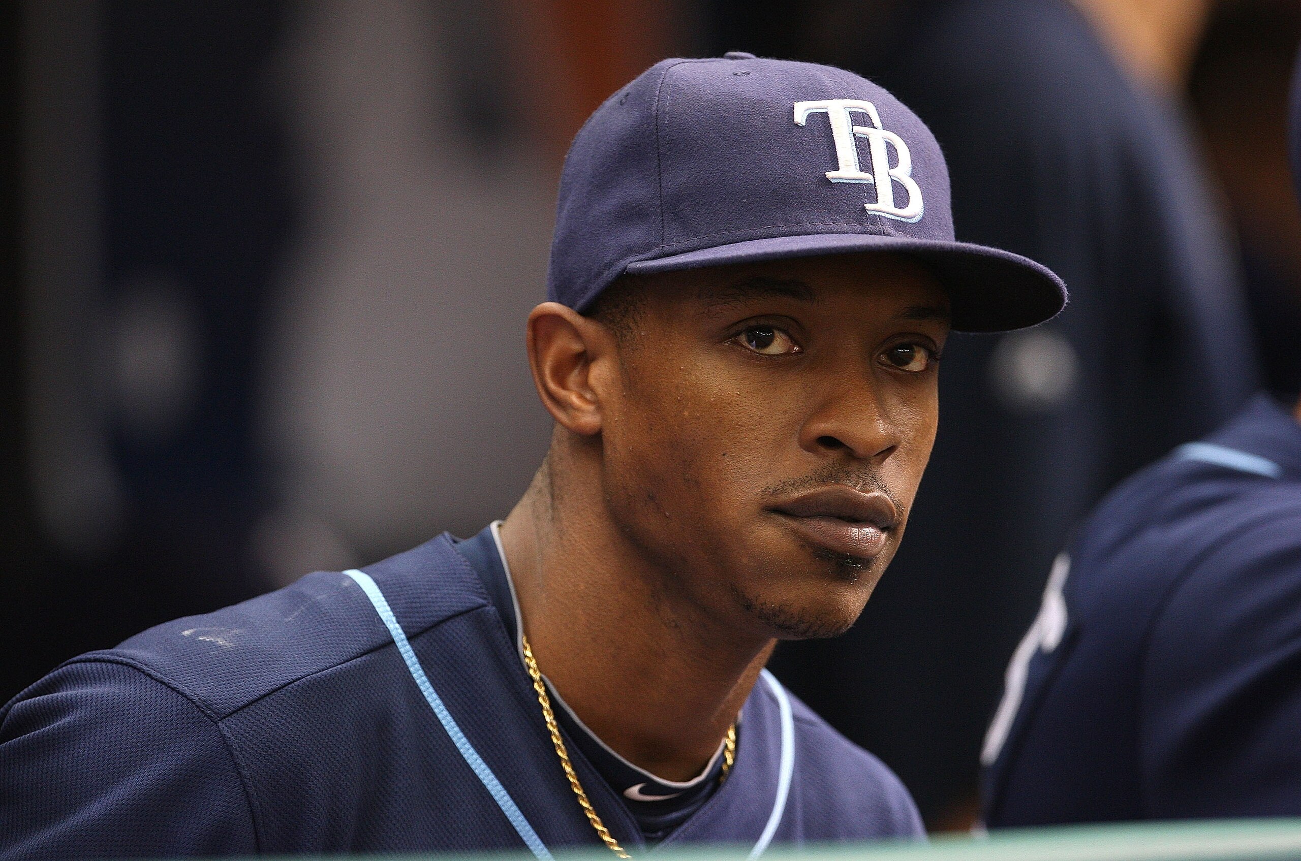 ST PETERSBURG, FL - OCTOBER 07:  BJ Upton #2 the Tampa Bay Rays waits in the dugout during Game 2 of the ALDS against the Texas Rangers at Tropicana Field on October 7, 2010 in St. Petersburg, Florida.  (Photo by Mike Ehrmann/Getty Images)