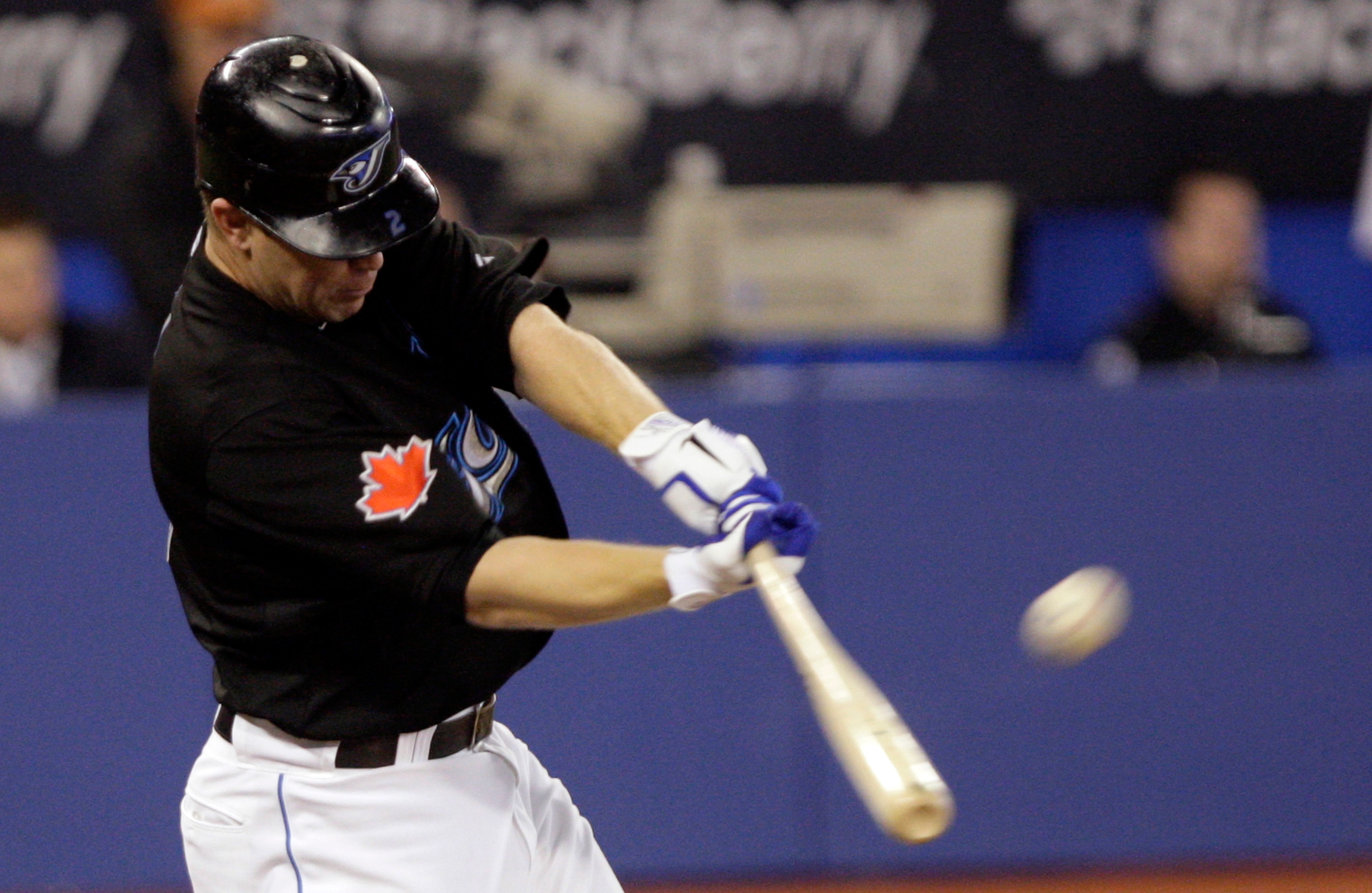 TORONTO, ON - SEPTEMBER 29: Aaron Hill #2 of the Toronto Blue Jays hits during a MLB game against the New York Yankees at the Rogers Centre September 29, 2010 in Toronto, Ontario, Canada. (Photo by Abelimages/Getty Images)