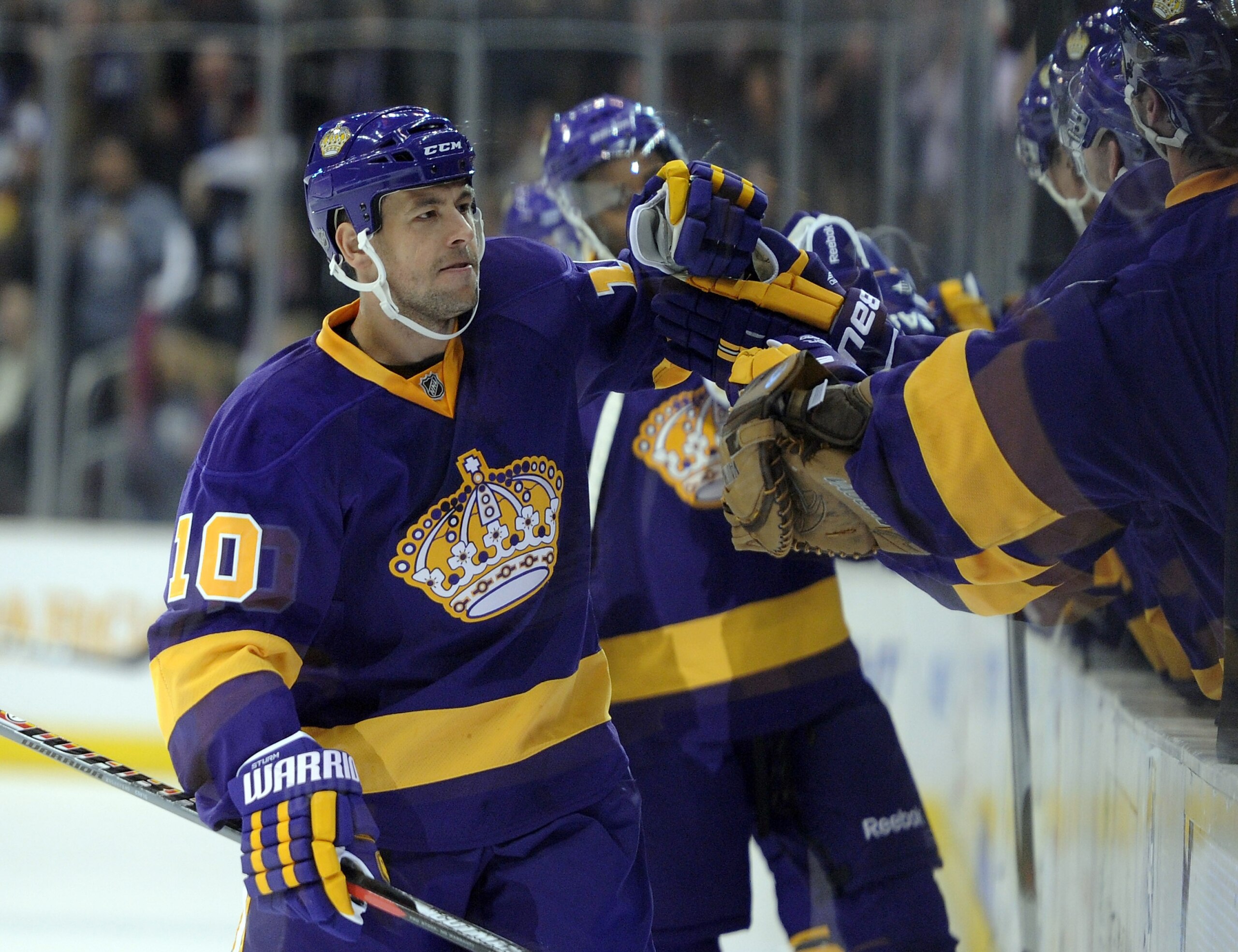 LOS ANGELES, CA - JANUARY 15:  Marco Sturm #10 of the Los Angeles Kings celebrates his goal for a 1-1 tie with the Edmonton Oilers during the first periood at the Staples Center on January 15, 2011 in Los Angeles, California.  (Photo by Harry How/Getty Im
