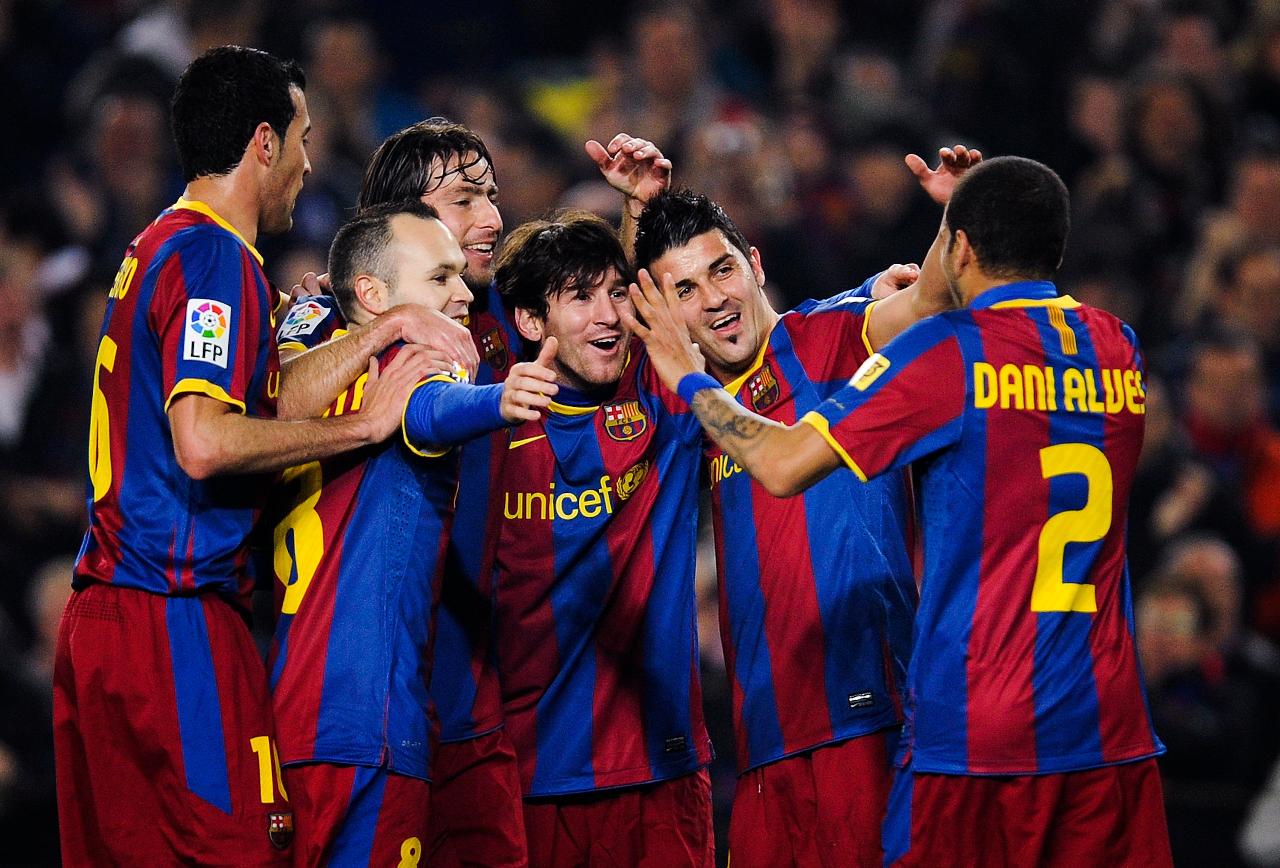 BARCELONA, SPAIN - FEBRUARY 05: Lionel Messi of Barcelona (3rdR) celebrates with his teammates after scoring his first team's goal during the La Liga match between Barcelona and Atletico de Madrid at Camp Nou on February 5, 2011 in Barcelona, Spain. (Ph BARCELONA, SPAIN - FEBRUARY 05: Lionel Messi of Barcelona (3rdR) celebrates with his teammates after scoring his first team's goal during the La Liga match between Barcelona and Atletico de Madrid at Camp Nou on February 5, 2011 in Barcelona, Spain. (Ph