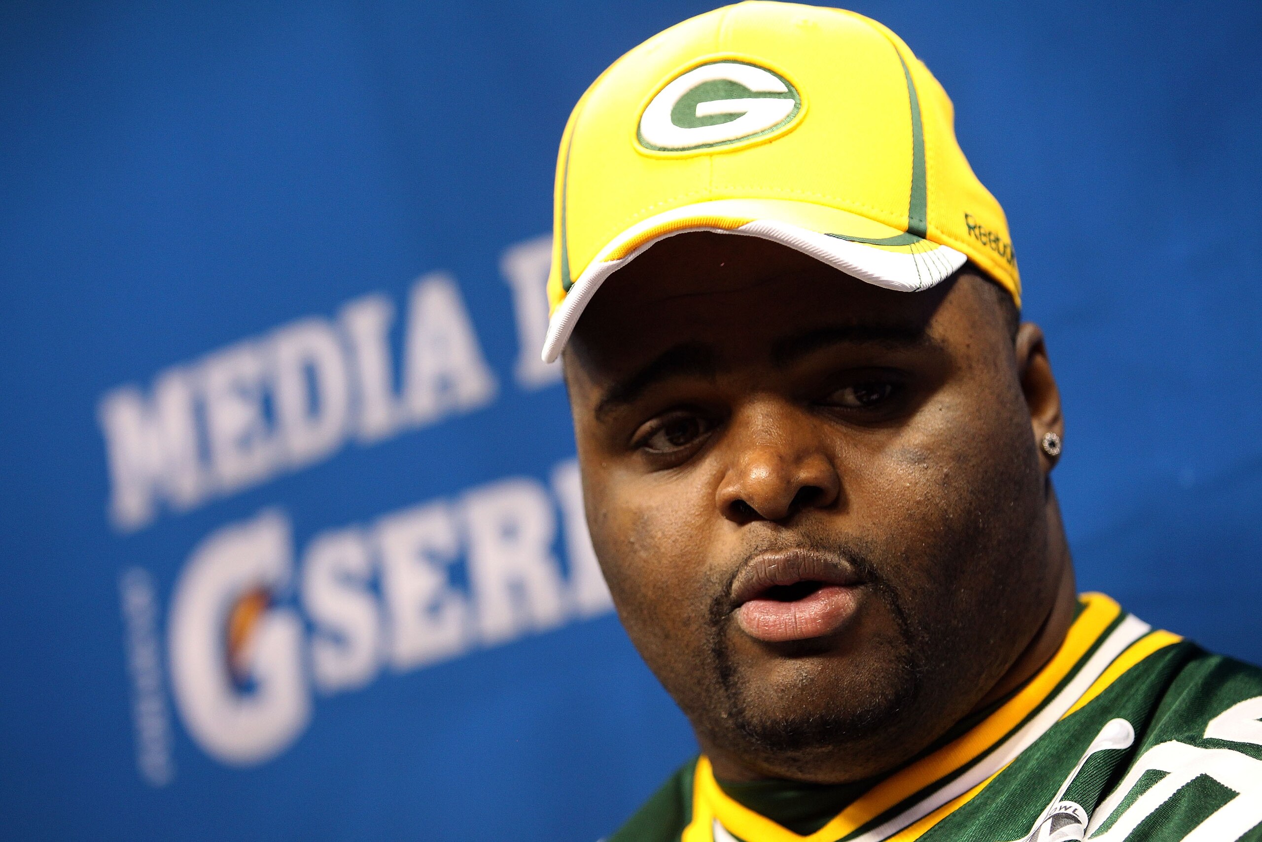 ARLINGTON, TX - FEBRUARY 01:  B.J. Raji #90 of the Green Bay Packers addresses the media during Super Bowl XLV Media Day ahead of Super Bowl XLV at Cowboys Stadium on February 1, 2011 in Arlington, Texas. The Pittsburgh Steelers will play the Green Bay Pa