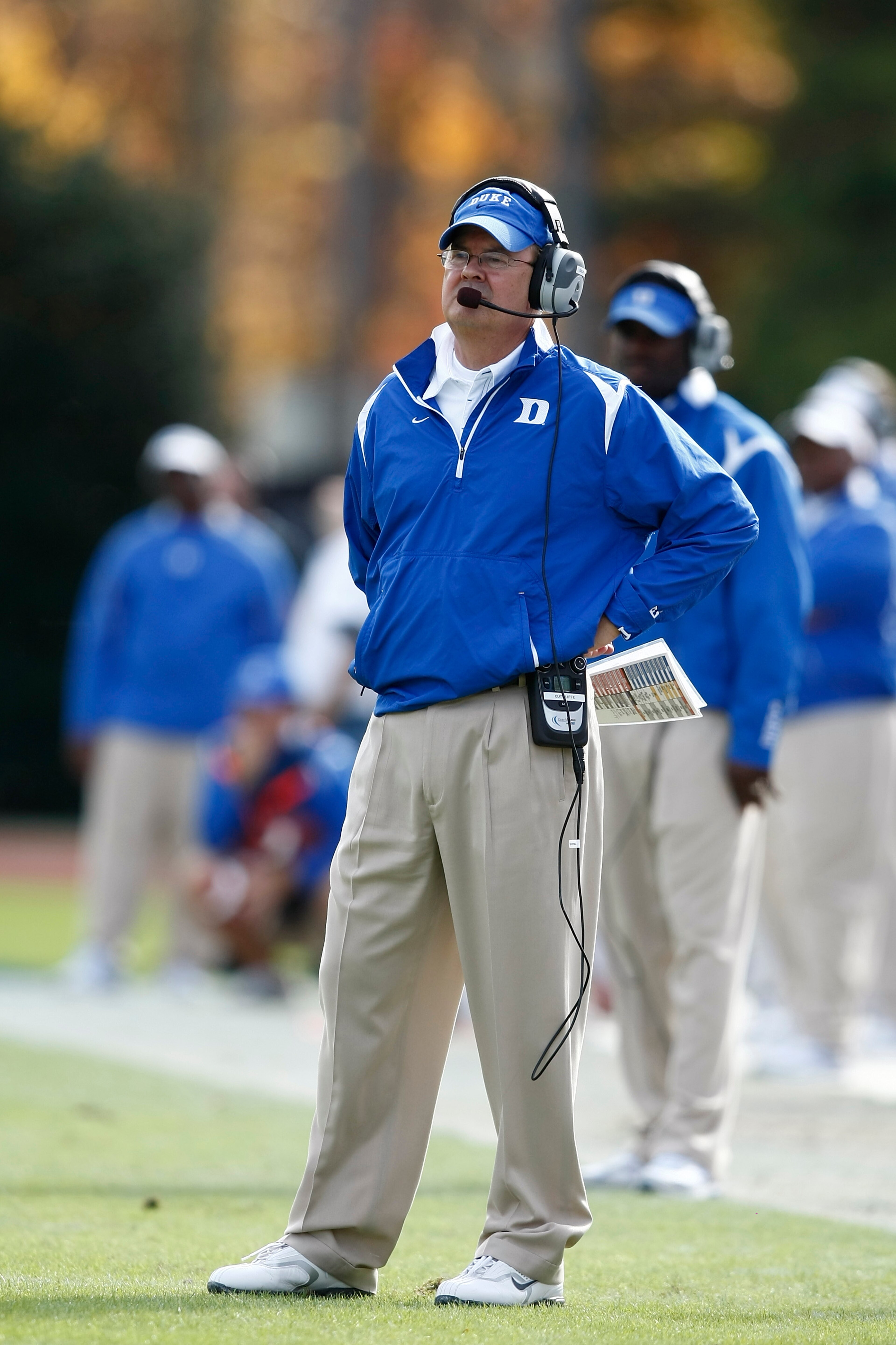 DURHAM, NC - NOVEMBER 14:  Head coach David Cutcliffe of the Duke Blue Devils looks on against the Georgia Tech Yellow Jackets at Wallace Wade Stadium on November 14, 2009 in Durham, North Carolina. (Photo by Joe Robbins/Getty Images)