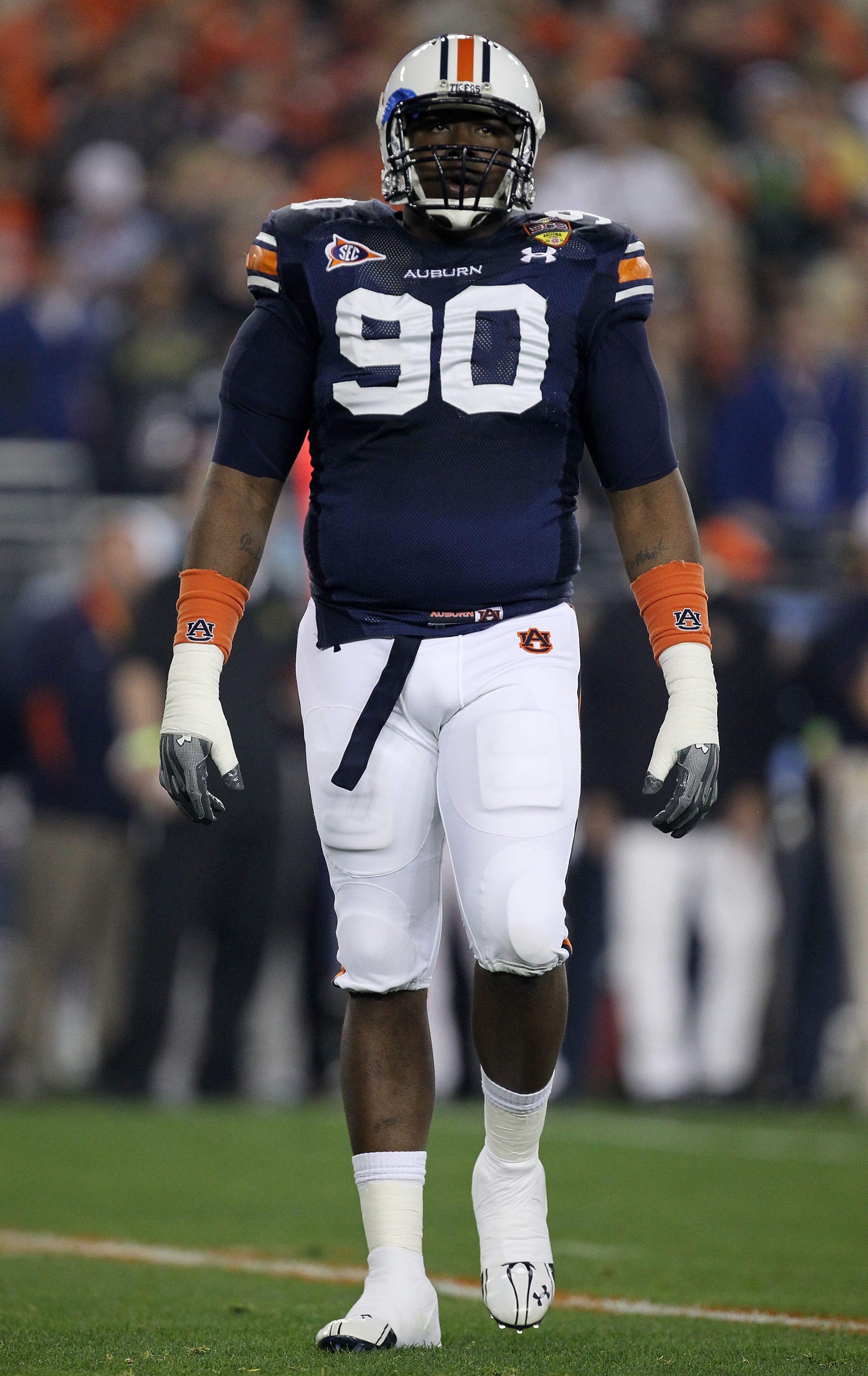 GLENDALE, AZ - JANUARY 10: Nick Fairley #90 of the Auburn Tigers reacts during their Tostitos BCS National Championship Game against the Oregon Ducks at University of Phoenix Stadium on January 10, 2011 in Glendale, Arizona. (Photo by Ronald Martinez/Ge GLENDALE, AZ - JANUARY 10: Nick Fairley #90 of the Auburn Tigers reacts during their Tostitos BCS National Championship Game against the Oregon Ducks at University of Phoenix Stadium on January 10, 2011 in Glendale, Arizona. (Photo by Ronald Martinez/Ge