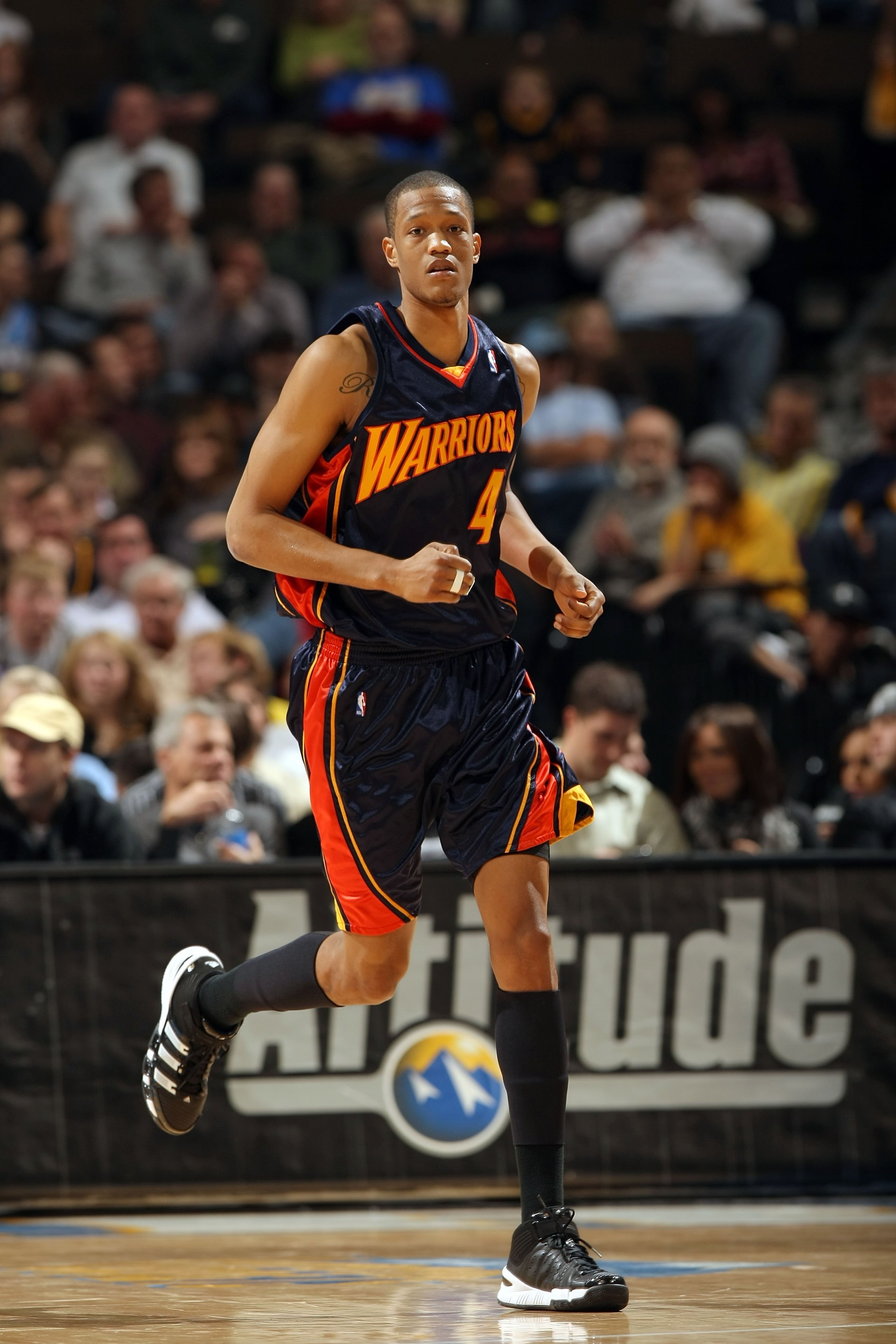 DENVER - JANUARY 05:  Anthony Randolph #4 of the Golden State Warriors heads up court against the Denver Nuggets at the Pepsi Center on January 5, 2010 in Denver, Colorado. The Nuggets defeated the Warriors 123-122. NOTE TO USER: User expressly acknowledg