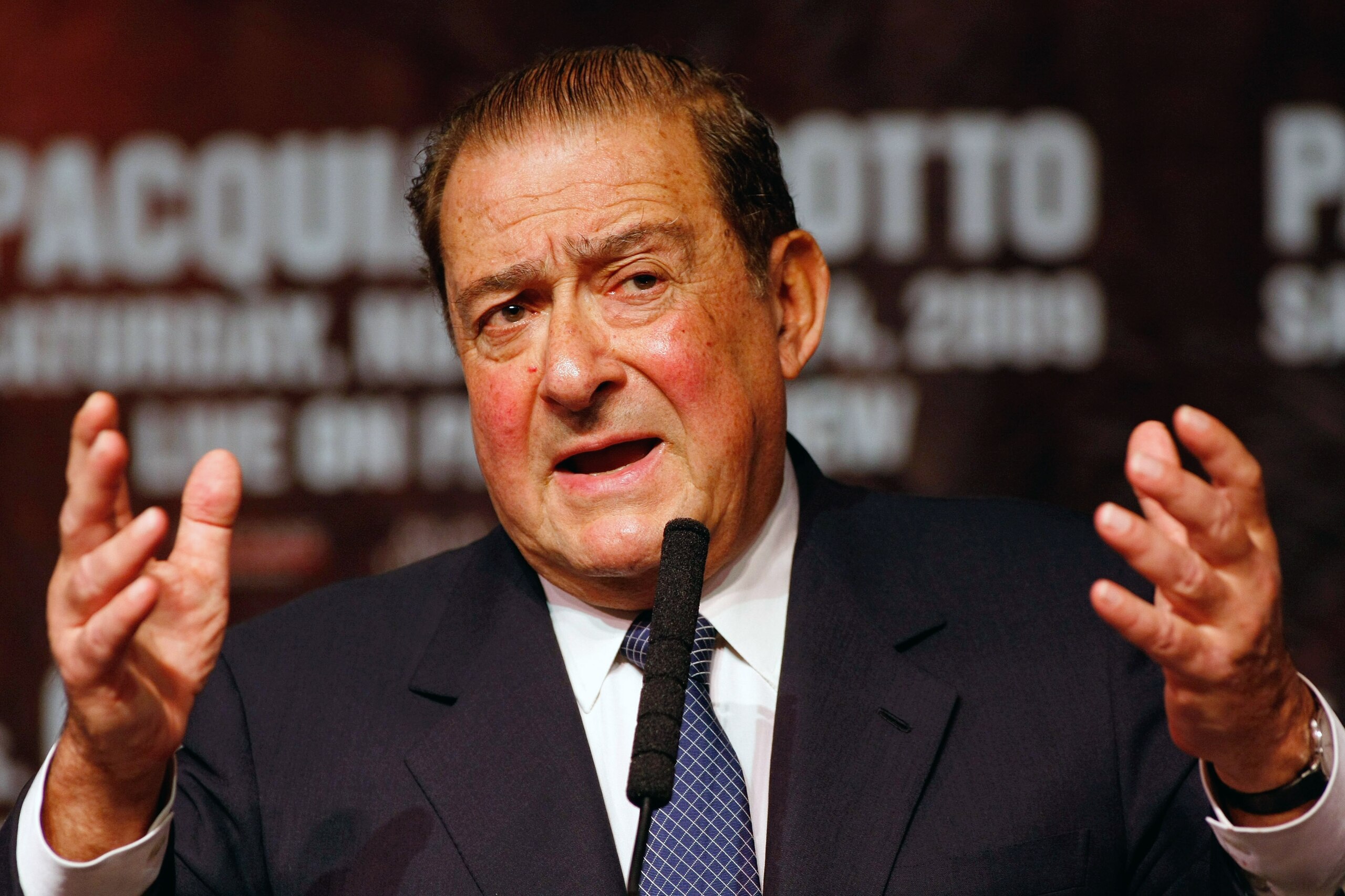 LAS VEGAS - NOVEMBER 11:  Boxing promoter Bob Arum speaks during the final news conference for the bout between boxer Manny Pacquiao and WBO welterweight champion Miguel Cotto at the MGM Grand Hotel/Casino November 11, 2009 in Las Vegas, Nevada. Pacquiao