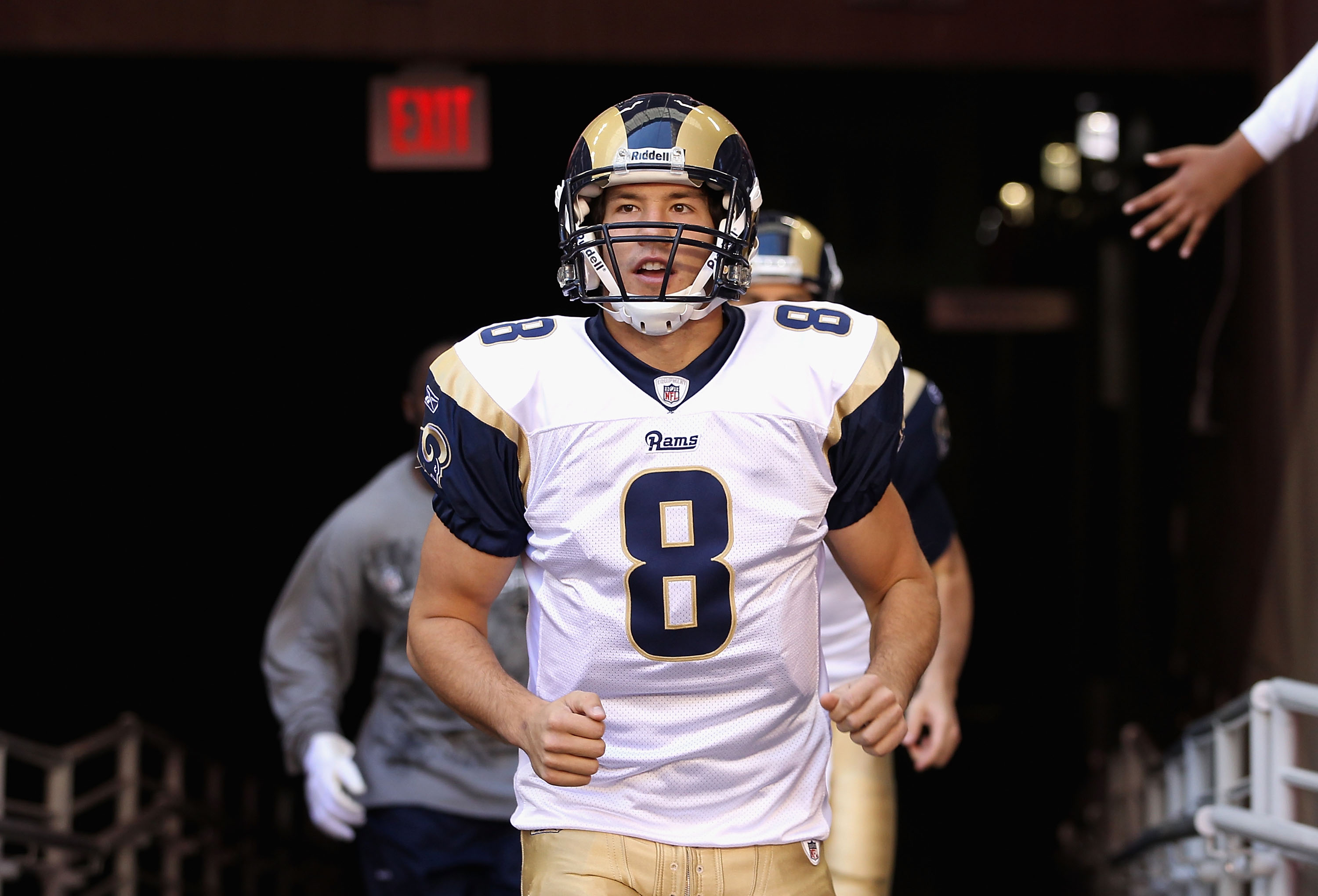 St. Louis Rams quarterback Sam Bradford smiles during warm ups at