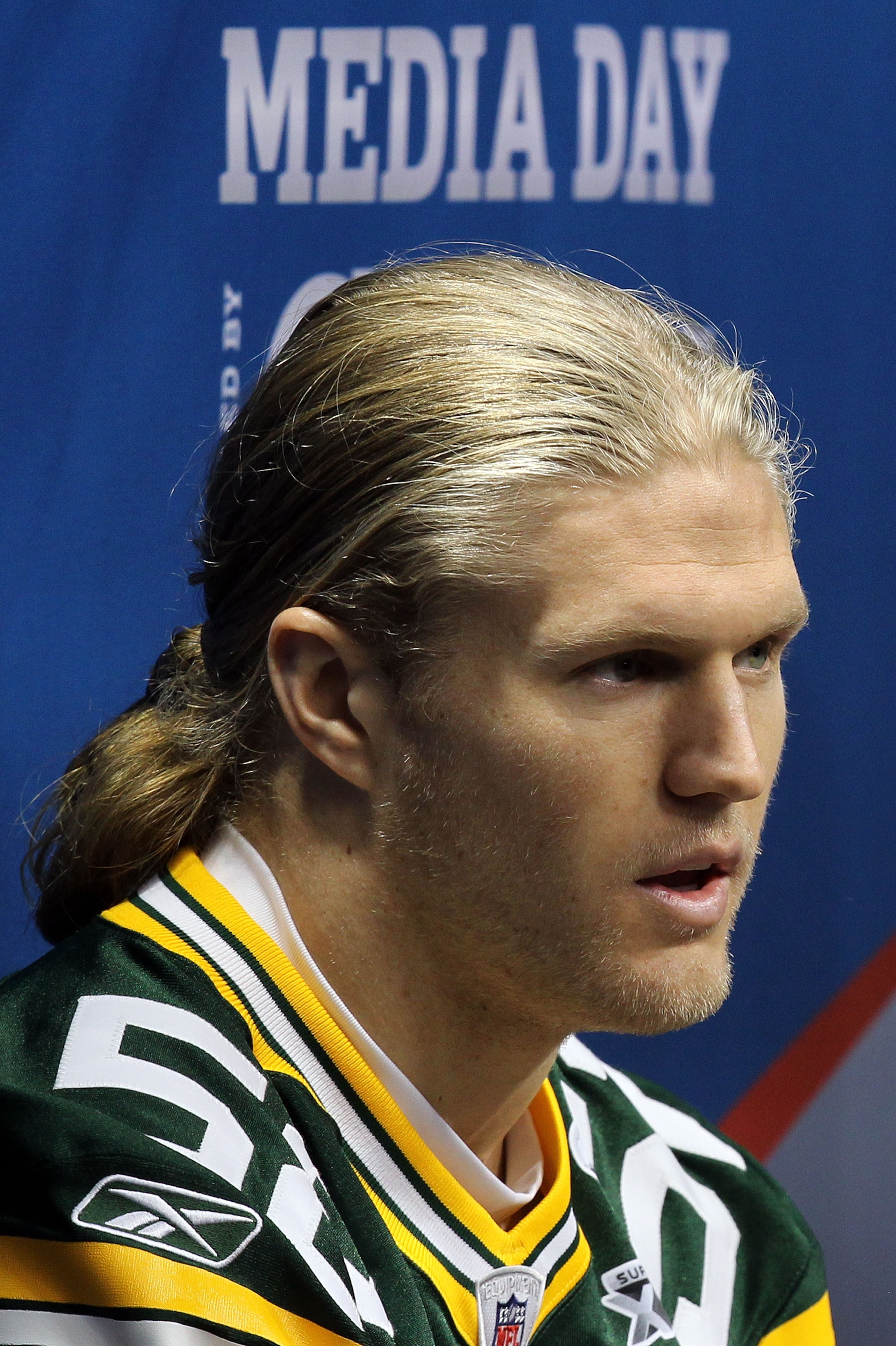 ARLINGTON, TX - FEBRUARY 01:  Clay Matthews #52 of the Green Bay Packers speaks during Super Bowl XLV Media Day ahead of Super Bowl XLV at Cowboys Stadium on February 1, 2011 in Arlington, Texas. The Pittsburgh Steelers will play the Green Bay Packers in